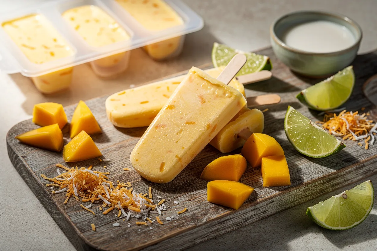 Creamy Mango Coconut Popsicles arranged on a rustic wooden board with fresh mango chunks, toasted shredded coconut, and lime wedges visible. Tropical Caribbean-style frozen dessert presentation in popsicle molds and a small bowl of coconut milk nearby. Bright, natural light, vibrant colors, shallow depth of field, clean modern styling, summer vibe. IMPORTANT: No text, no labels, no captions, no words on the image. Pure food photography only.