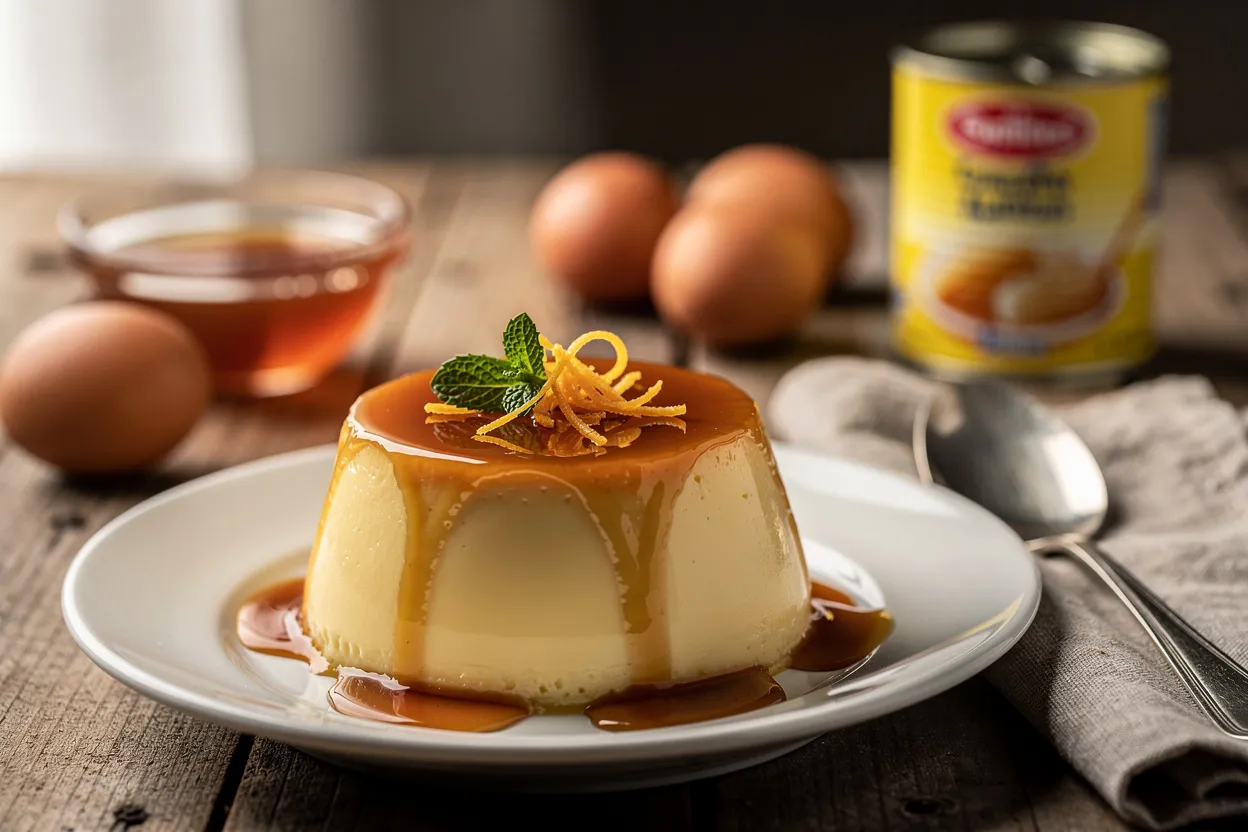 A professional, appetizing food photography shot of Flan Casero (silky baked caramel custard) with a glossy golden caramel top, smooth custard texture, and a small mint leaf and orange zest garnish. Main ingredients visible: caramel glaze, creamy custard, whole eggs and a can of condensed milk subtly placed in the background. Style: Latin American homestyle dessert presented elegantly on a white dessert plate with warm, natural lighting and shallow depth of field. Clean, restaurant-quality presentation, slightly rustic props. IMPORTANT: No text, no labels, no captions, no words on the image. Pure food photography only.