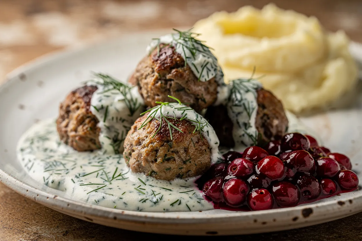 Scandinavian Meatballs with Dill Cream and Lingonberry: close-up food photography of golden-brown beef and pork meatballs nestled in a pale creamy dill sauce, visible fresh dill sprigs and a spoonful of bright red lingonberry jam on the side, served on a rustic ceramic plate with mashed potatoes in the background. Cuisine style: Scandinavian. Presentation: warm, homey, restaurant-quality plating with natural soft lighting, shallow depth of field, textured background, ingredients visible: ground meat, cream sauce, dill, lingonberry jam. IMPORTANT: No text, no labels, no captions, no words on the image. Pure food photography only.