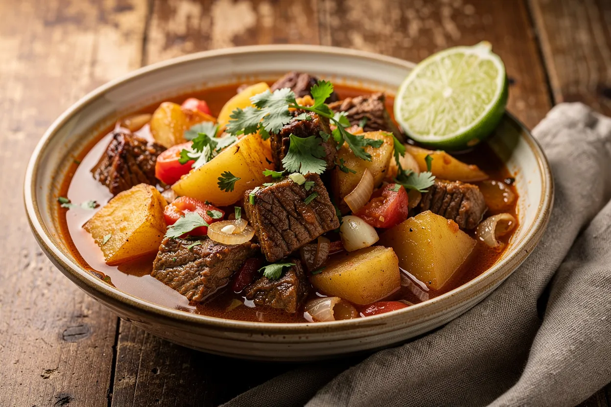 A warm, rustic bowl of Papas con Carne: tender beef cubes and chunky potato pieces in a rich tomato-broth, garnished with chopped cilantro and a lime wedge. Visible ingredients: beef, russet potatoes, diced tomatoes, onion, garlic, cilantro. Cuisine style: Latin American comfort food, homey presentation in a shallow ceramic bowl on a wooden table with a linen napkin. Style: cozy, natural lighting, shallow depth of field, restaurant-quality food photography. IMPORTANT: No text, no labels, no captions, no words on the image. Pure food photography only.