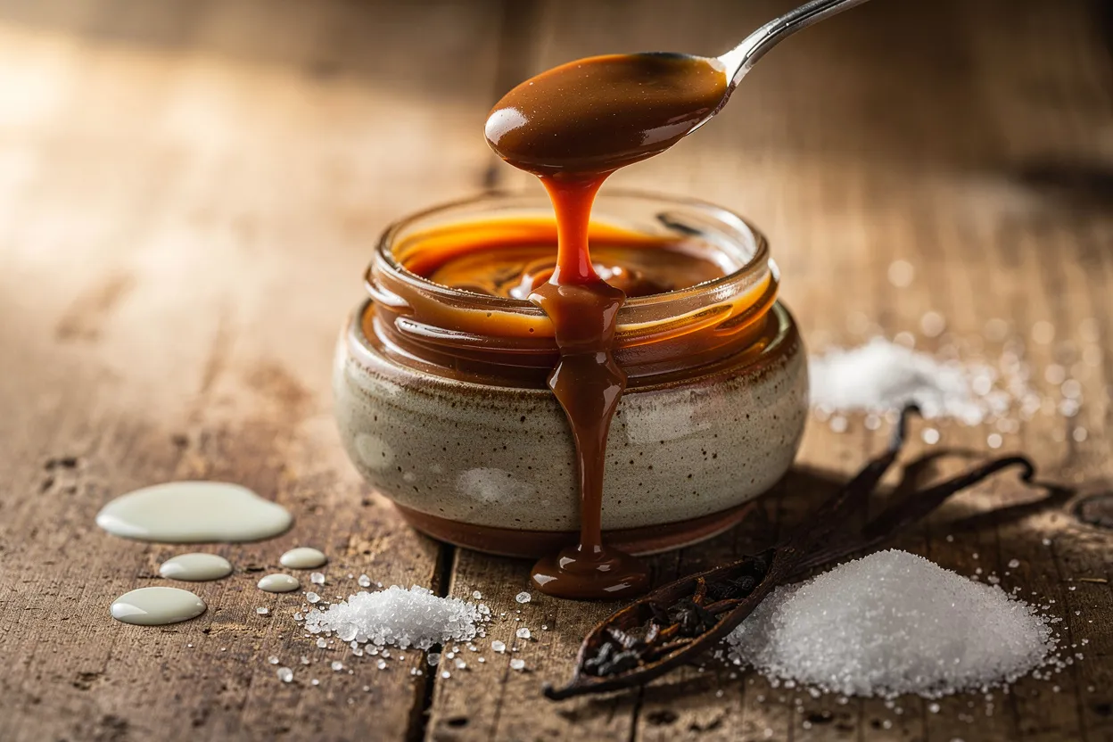 A jar of silky homemade dulce de leche with a small spoon showing the glossy caramel texture, next to scattered milk, granulated sugar, and a vanilla pod. Rustic Argentine-style presentation in a small ceramic bowl and jar on a wooden surface, warm natural lighting, shallow depth of field, inviting dessert photography. IMPORTANT: No text, no labels, no captions, no words on the image. Pure food photography only.