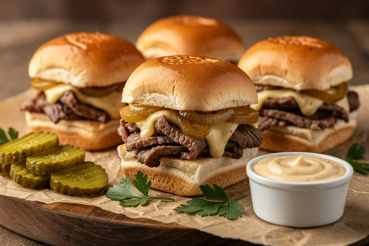 A professional, appetizing food photography shot of Mini Cheesesteak Sliders with caramelized onions and provolone. Visible ingredients: thinly sliced steak, melted provolone, golden caramelized onions, buttery slider rolls, pickle slices and a small ramekin of mayo-Dijon sauce. Style: American comfort food, party appetizer presentation on a rustic wooden board with parchment paper, a few sliders stacked, scattered parsley, soft natural lighting, shallow depth of field. IMPORTANT: No text, no labels, no captions, no words on the image. Pure food photography only.