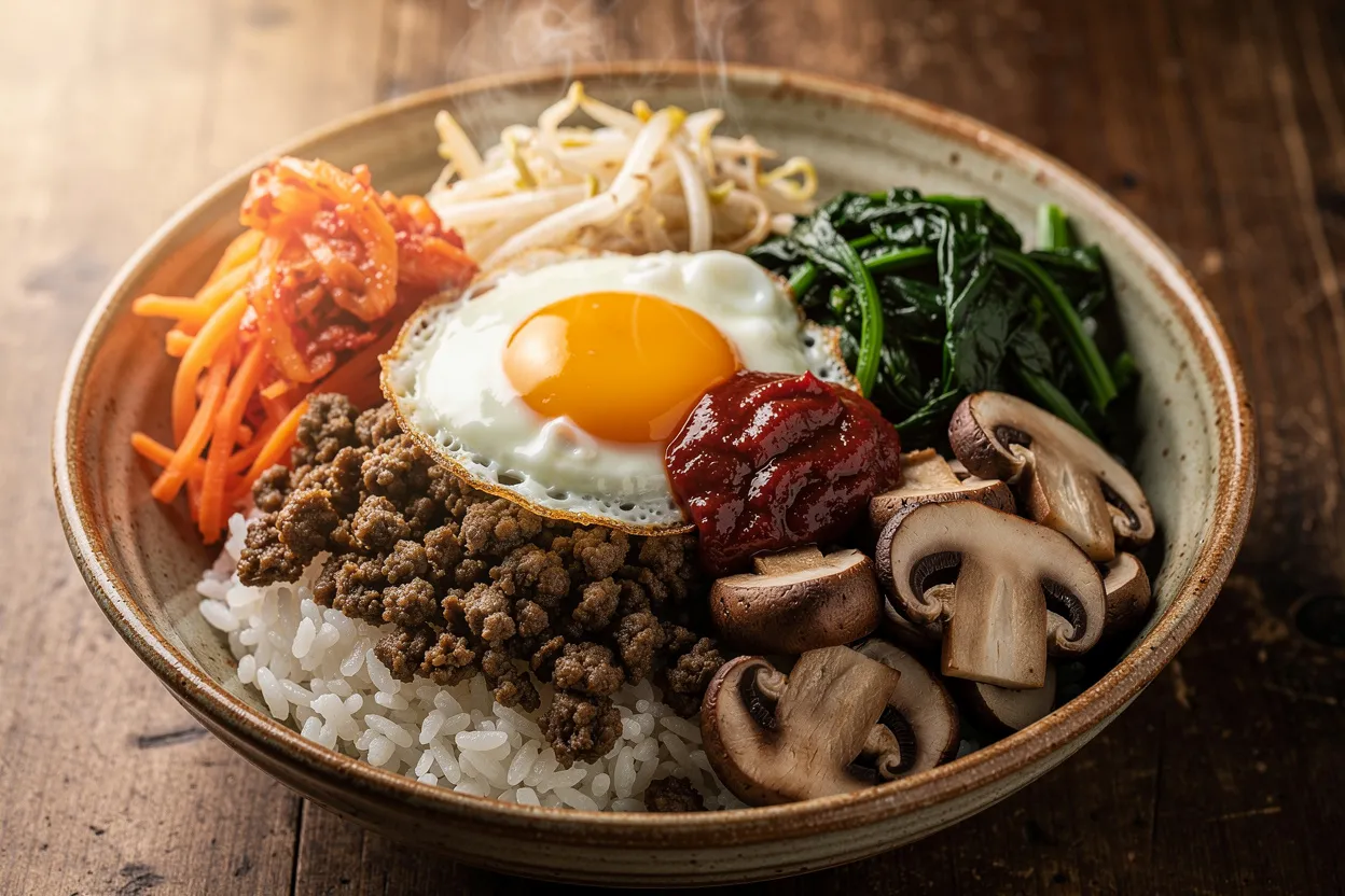 A vibrant Korean Beef Bibimbap bowl with marinated ground beef, sunny-side-up egg, julienned carrots, sautéed spinach, sliced mushrooms, bean sprouts, kimchi and a dollop of spicy gochujang; short-grain rice visible beneath the toppings; Korean cuisine, rustic ceramic bowl presentation, restaurant-quality food photography, bright natural light, shallow depth of field. IMPORTANT: No text, no labels, no captions, no words on the image. Pure food photography only.