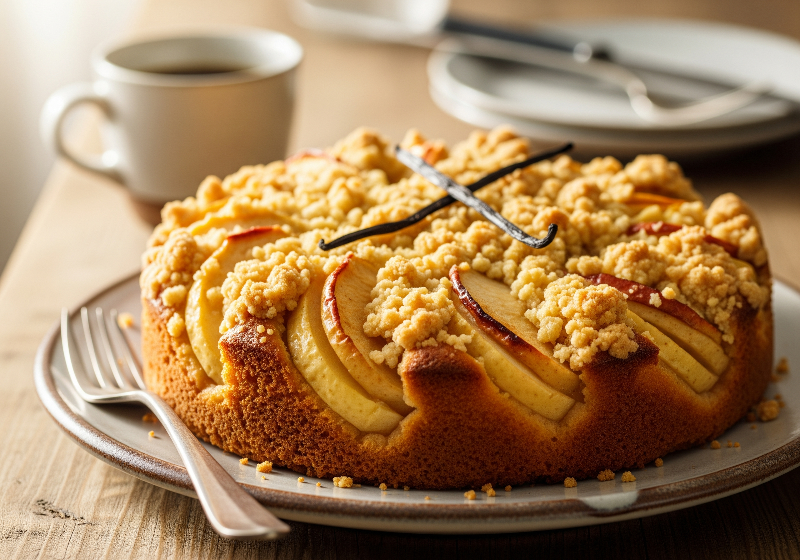 A professional, appetizing food photography shot of German Apple Streusel Kuchen with Vanilla Crumb Topping. Visible: tender golden cake base, sliced apples nestled in the batter, generous buttery streusel with vanilla flecks on top. Styled on a rustic baking sheet or ceramic cake plate, fork and a cup of coffee nearby, warm natural light, shallow depth of field. Cuisine: German dessert, homestyle bakery presentation, cozy and inviting. IMPORTANT: No text, no labels, no captions, no words on the image. Pure food photography only.