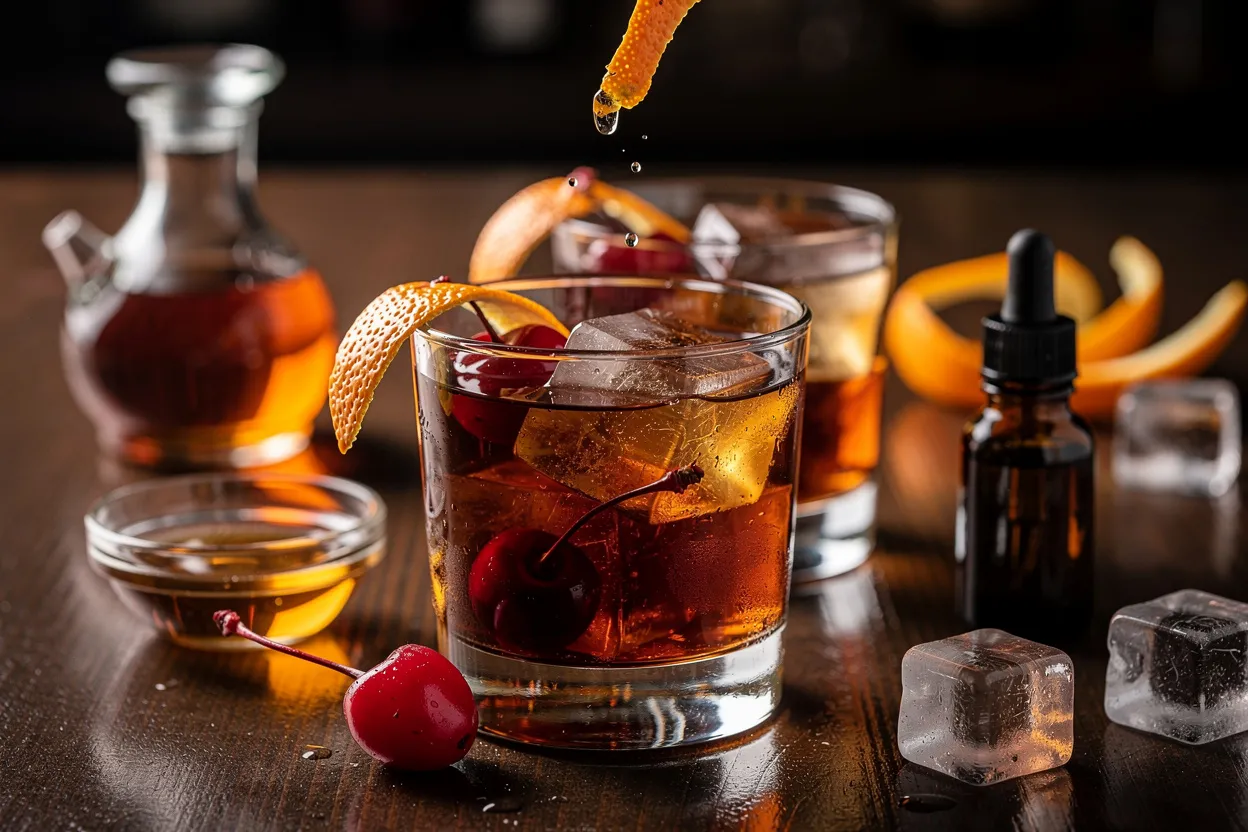 A polished, inviting food photography shot of an Old Fashioned Mocktail (non-alcoholic). Two Old Fashioned glasses with large ice cubes, amber non-alcoholic whiskey alternative, bright orange peel twists and glossy maraschino cherries visible. Style: classic American cocktail, elegant bar-style presentation on a dark wooden surface with a soft-focus background and warm lighting. Main visible ingredients: non-alcoholic whiskey alternative, simple syrup, aromatic bitters, orange peel, maraschino cherry, large ice cubes. Composition: two glasses centered, one slightly forward, citrus peel expressed over the glass. High-end magazine quality, shallow depth of field, natural warm tones. IMPORTANT: No text, no labels, no captions, no words on the image. Pure food photography only.