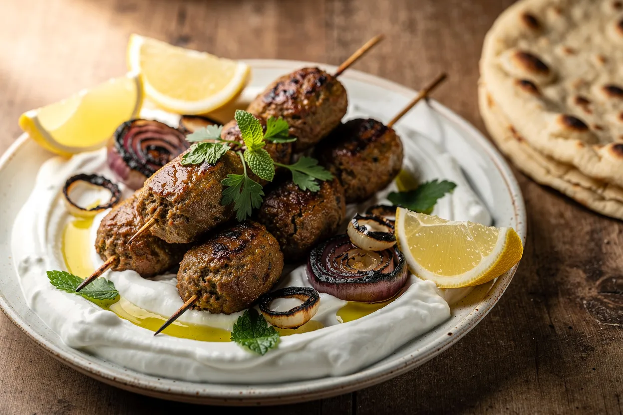 A warm, restaurant-style photograph of Spiced Turkish Kofte with Charred Onion Yogurt Sauce. Visible: golden-browned kofte (ground meat skewers), charred sliced onion on creamy yogurt, fresh parsley and mint garnish, lemon wedges and olive oil drizzle. Cuisine style: Turkish / Middle Eastern, rustic yet refined presentation on a ceramic platter with flatbread at the side. Lighting: soft natural light, shallow depth of field, appetizing close-up that shows texture of meat and creaminess of yogurt. IMPORTANT: No text, no labels, no captions, no words on the image. Pure food photography only.