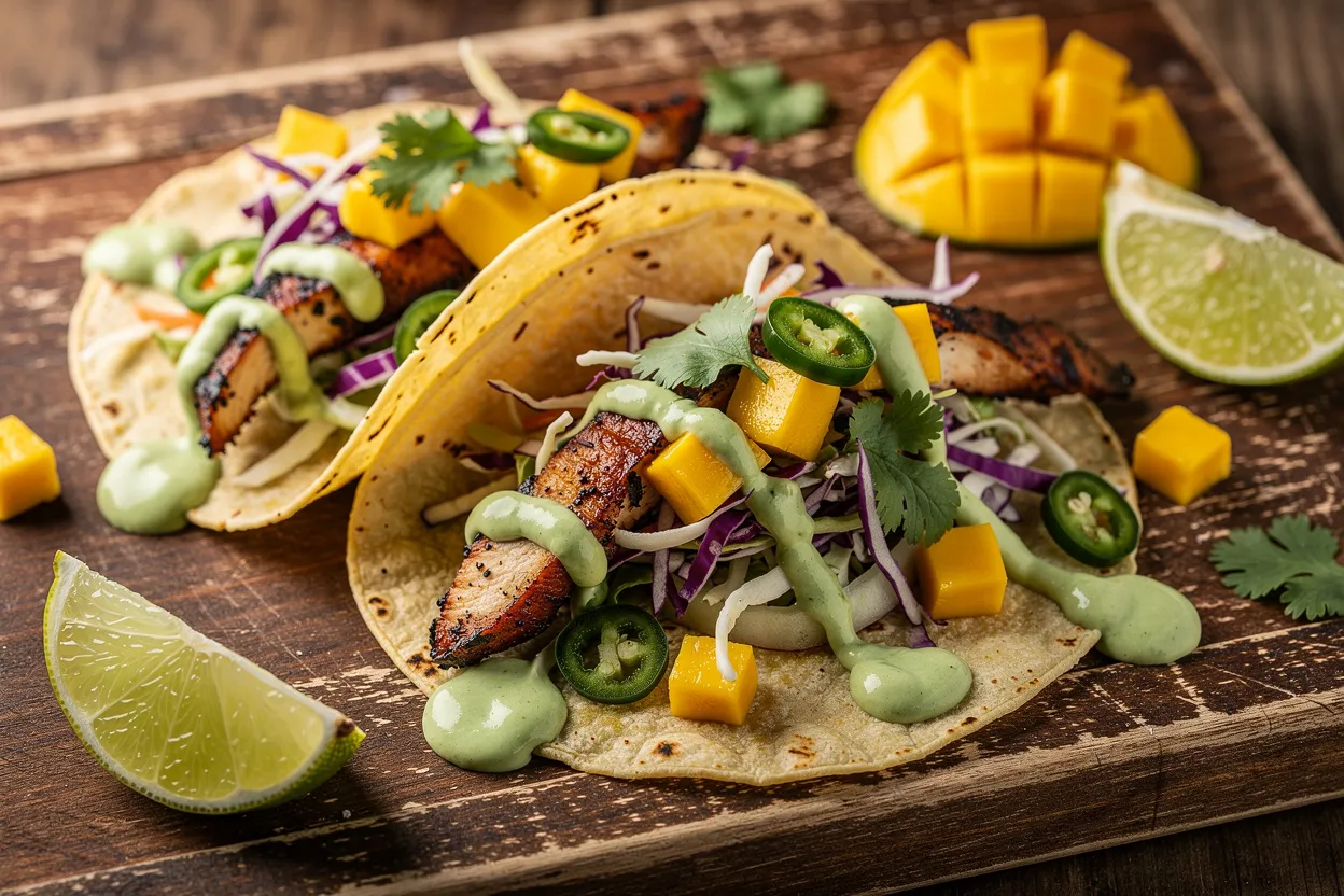 A vibrant plate of Spicy Mango Chicken Tacos with diced mango salsa, grilled chicken, cilantro-lime slaw, and a drizzle of avocado crema. Visible ingredients: charred chicken strips, bright yellow mango cubes, shredded cabbage slaw, chopped cilantro, sliced jalapeño, lime wedges, and small corn tortillas. Style: Mexican-inspired street-taco presentation on a rustic wooden board, colorful and fresh, restaurant-quality plating with shallow depth of field and natural lighting. IMPORTANT: No text, no labels, no captions, no words on the image. Pure food photography only.