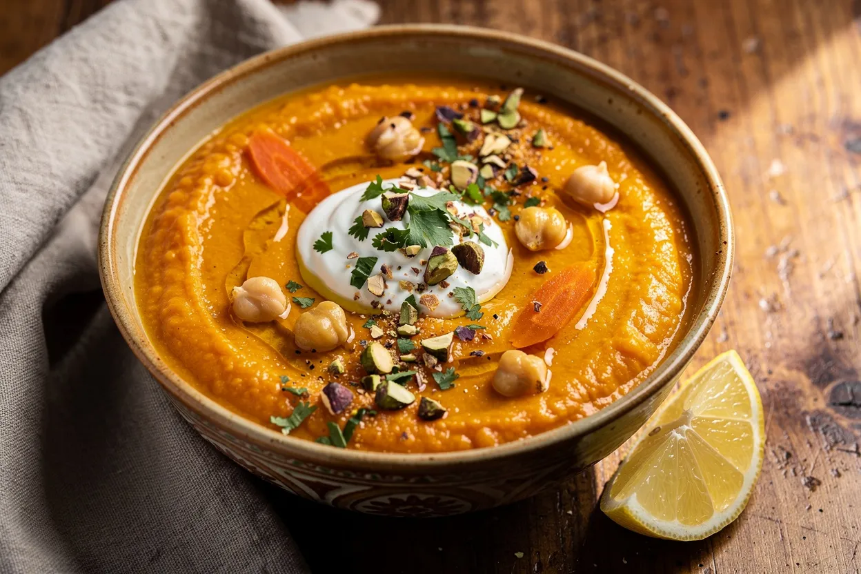 A professional, appetizing food photography shot of Velvety Moroccan Carrot & Chickpea Soup with Harissa. Visible: bright orange pureed soup, whole chickpeas, sliced carrots, a dollop of yogurt, drizzle of olive oil, sprinkle of chopped cilantro and toasted pistachios, and a lemon wedge on the side. Style: Moroccan-inspired, rustic ceramic bowl on a wooden table with a linen napkin; cozy, homey presentation. Clean, well-lit, restaurant-quality shot with shallow depth of field, main ingredients visible and inviting. IMPORTANT: No text, no labels, no captions, no words on the image. Pure food photography only.