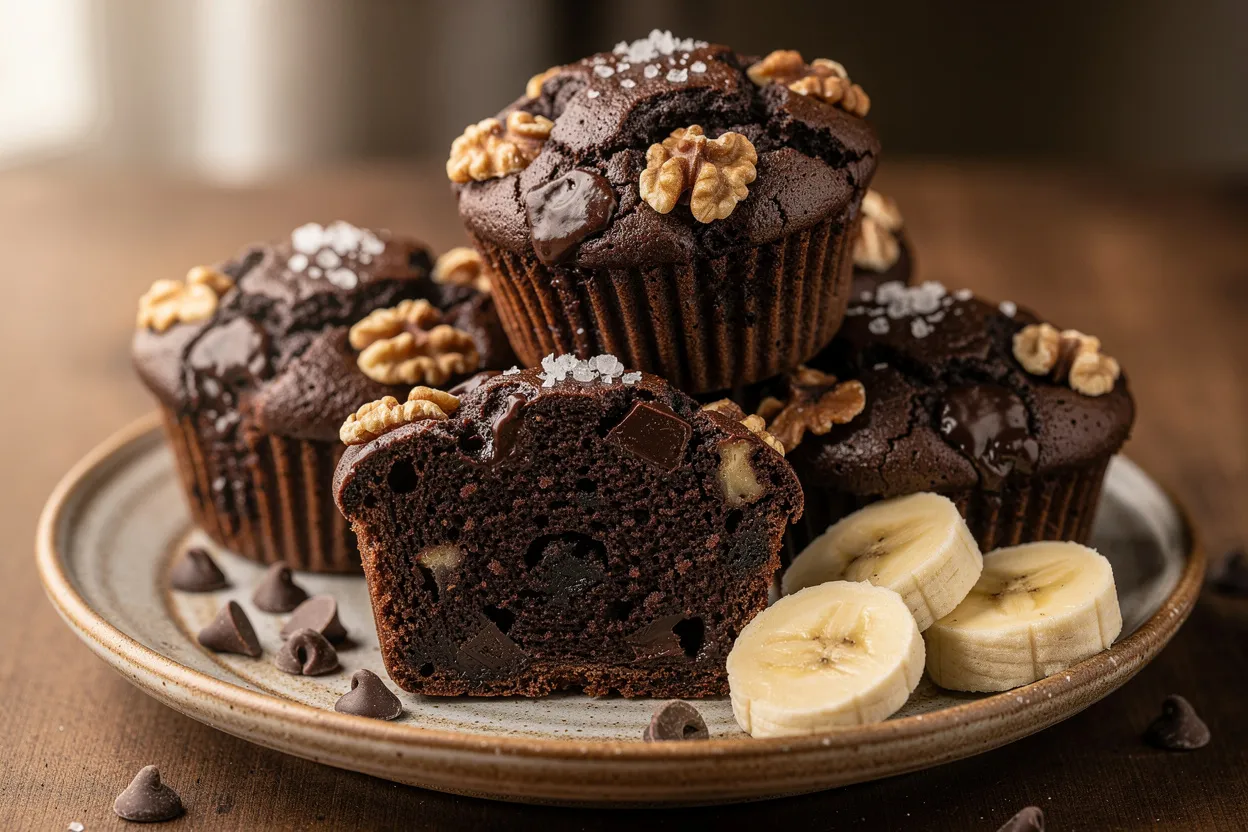 A professional, appetizing food photography shot of Extra-Fudgy Dark Chocolate Banana Bread Muffins with Walnuts. Halved and whole muffins showing the fudgy, chocolate-speckled interior with visible banana flecks, dark chocolate chunks, and chopped walnuts on top. Styled as American bakery comfort food on a rustic ceramic plate with a few banana slices and scattered chocolate chips beside it. Warm natural light, shallow depth of field, cozy tabletop styling, and a light sprinkle of coarse sea salt on the muffins. IMPORTANT: No text, no labels, no captions, no words on the image. Pure food photography only.