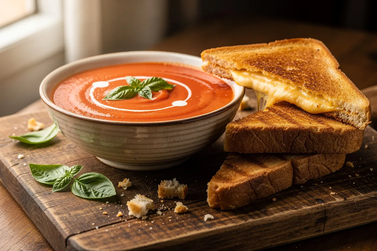 A professional, appetizing food photography shot of Creamy Tomato Basil Soup with Grilled Cheese. Visible: creamy tomato soup in a bowl garnished with fresh basil leaves and a swirl of cream, a golden-brown grilled cheese sandwich cut in half with melted cheese pull, scattered basil leaves and crusty bread crumbs on a rustic board. Style: American comfort food, cozy table setting, natural soft lighting, shallow depth of field, restaurant-quality presentation. IMPORTANT: No text, no labels, no captions, no words on the image. Pure food photography only.