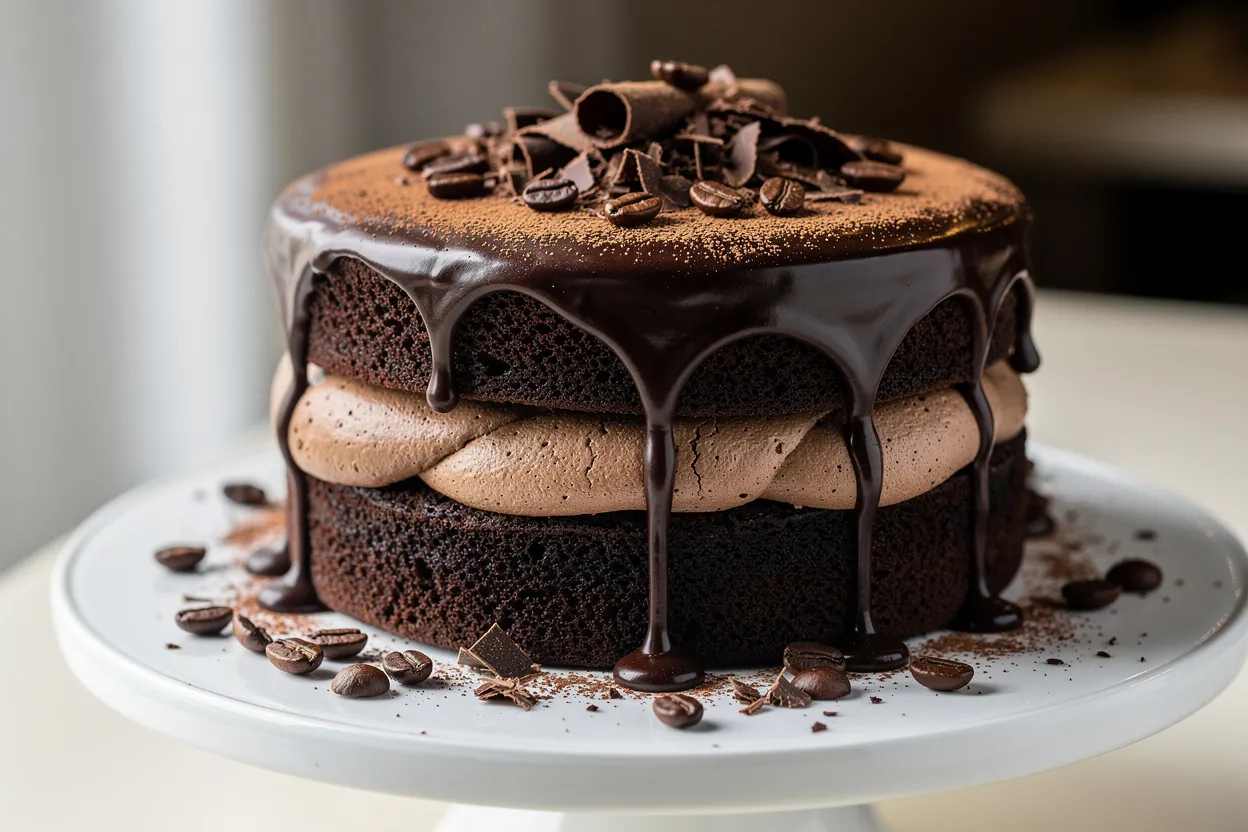 A professional, appetizing food photography shot of Decadent Mocha Espresso Layer Cake with Chocolate Ganache. Two-layer chocolate cake with dark glossy ganache and mocha buttercream between the layers, visible espresso beans and chocolate shavings on top. Main ingredients visible: chocolate ganache, mocha buttercream, espresso beans, cocoa dusting. Cuisine style: classic American dessert, elegant bakery presentation. Presentation: clean white cake stand, soft natural lighting, shallow depth of field, restaurant-quality styling. IMPORTANT: No text, no labels, no captions, no words on the image. Pure food photography only.