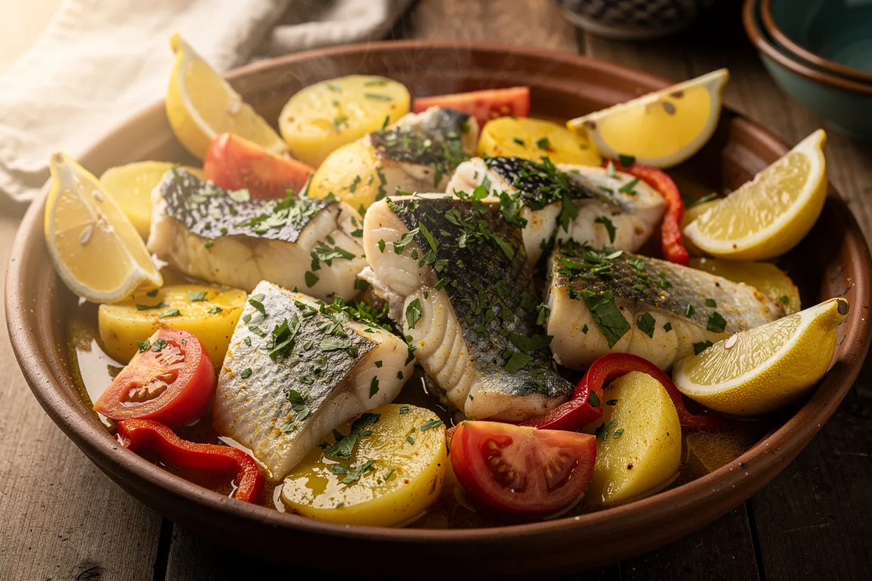 A rustic Portuguese Fish Caldeirada in a shallow earthenware bowl: visible chunks of firm white fish, sliced potatoes, tomatoes, red bell pepper, and saffron-tinted broth, garnished with fresh parsley and lemon wedges. Style: Portuguese coastal cuisine, homestyle rustic presentation, warm natural light, shallow depth of field, inviting and comforting. Main ingredients visible: white fish, potatoes, tomatoes, red pepper, parsley, lemon. IMPORTANT: No text, no labels, no captions, no words on the image. Pure food photography only.
