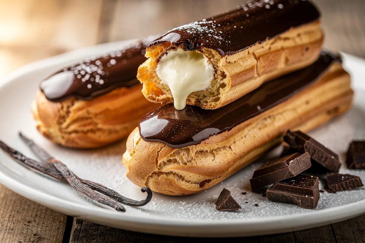 A professional, appetizing food photography shot of Classic French Éclairs with Vanilla Pastry Cream. Visible: golden choux pastry shells, glossy dark chocolate glaze, creamy vanilla pastry cream oozing from a sliced éclair, light dusting of powdered sugar, and a few vanilla beans and chocolate shards as garnish. Style: French patisserie, elegant presentation on a white porcelain platter with a rustic wooden surface and soft natural lighting. Composition: shallow depth of field, close-up on texture of pastry and cream, warm tones, restaurant-quality styling. IMPORTANT: No text, no labels, no captions, no words on the image. Pure food photography only.