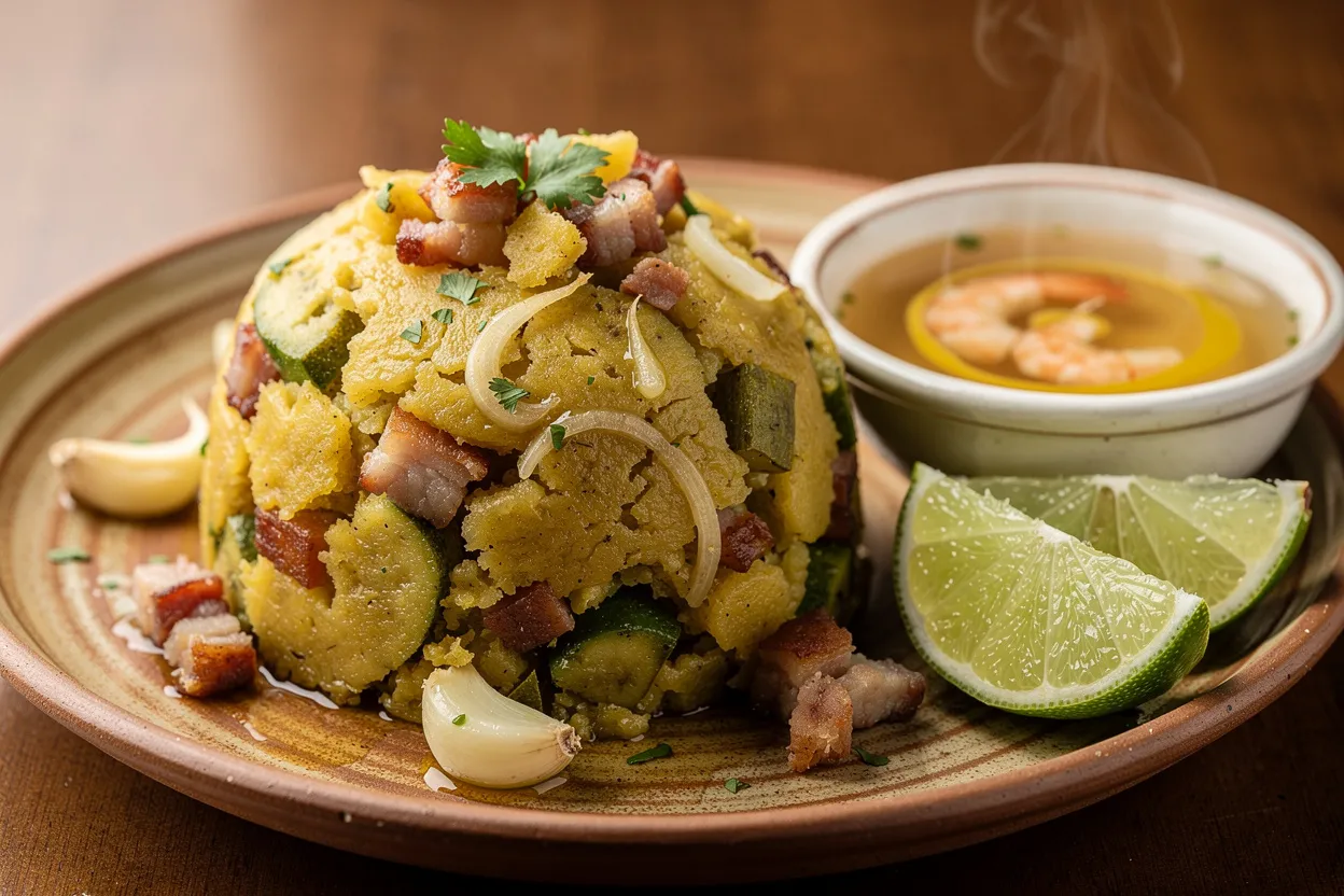 A professional, appetizing food photography shot of Puerto Rican Mofongo with garlic and pork cracklings. A dome of golden mashed fried green plantains studded with crunchy pork bits and ribbons of garlic, plated on a rustic ceramic dish with a small bowl of clear shrimp broth and lime wedges on the side. Visible ingredients: green plantains, garlic, pork cracklings (chicharrón), olive oil, butter, cilantro garnish. Cuisine style: Puerto Rican / Caribbean, homey comfort food. Presentation: warm, intimate, restaurant-quality plating with natural soft lighting, shallow depth of field, and a touch of steam rising from the broth. IMPORTANT: No text, no labels, no captions, no words on the image. Pure food photography only.