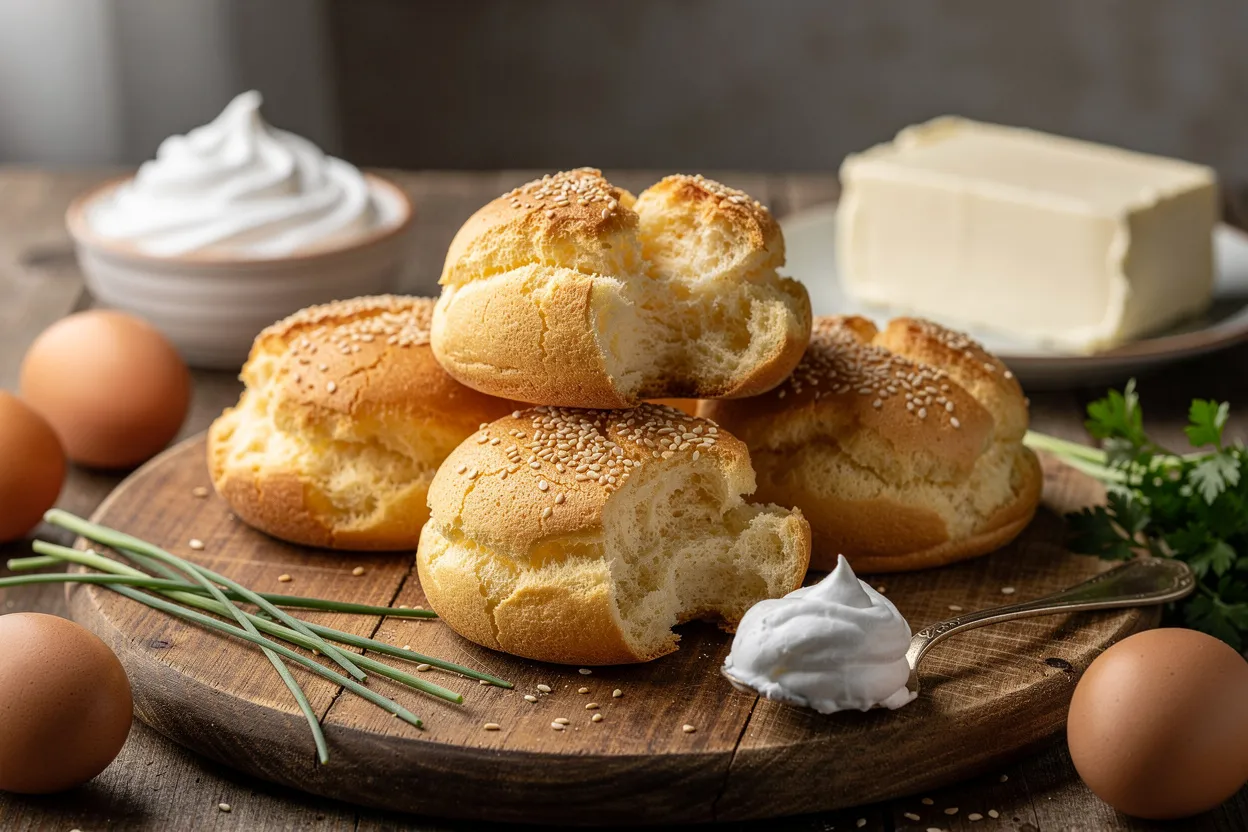 Fluffy Cloud Bread on a wooden board, showing airy round golden loaves with visible cracked tops and sesame seeds; props include a small bowl of whipped egg whites and a block of cream cheese in the background. Style: modern American breakfast, rustic tabletop presentation, soft natural light, close-up shallow depth of field, main visible ingredients: eggs, cream cheese, whipped meringue, sesame seeds, fresh herbs. IMPORTANT: No text, no labels, no captions, no words on the image. Pure food photography only.