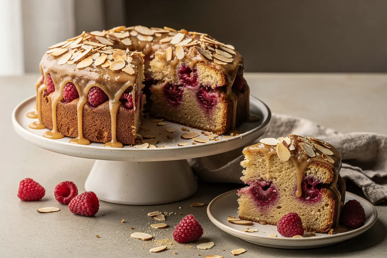 A professional, appetizing food photography shot of Raspberry Almond Cake with Brown Butter Glaze and toasted sliced almonds. The cake is sliced to show a tender, golden crumb studded with fresh raspberries; a glossy brown butter glaze drips down the sides and toasted almonds are scattered on top. Style: American dessert, rustic-elegant presentation on a neutral ceramic cake stand with a single slice on a small plate, linen napkin, soft natural lighting, shallow depth of field. Main ingredients visible: raspberries, sliced almonds, brown butter glaze, cake crumb. IMPORTANT: No text, no labels, no captions, no words on the image. Pure food photography only.