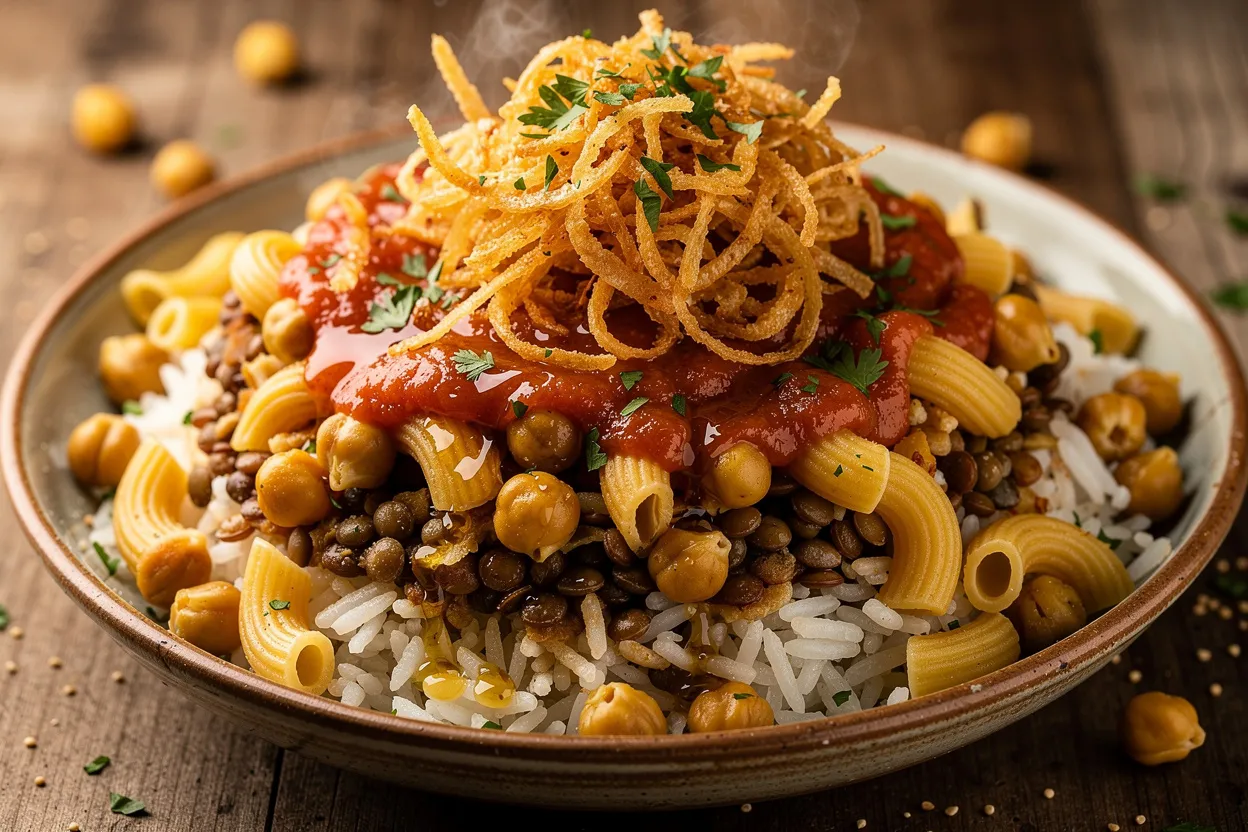 A restaurant-quality food photography shot of Authentic Egyptian Koshari: layers of rice, brown lentils, elbow macaroni, visible chickpeas, bright spicy tomato sauce, and a crown of golden crispy fried onions. Style: Egyptian street food, vibrant colors, rustic bowl presentation, garnished with chopped parsley and a drizzle of vinegar sauce, shallow depth of field, natural soft lighting, appetizing close-up. IMPORTANT: No text, no labels, no captions, no words on the image. Pure food photography only.