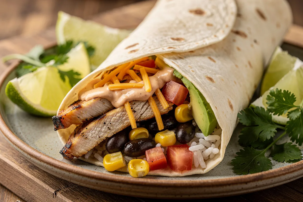 A mouthwatering Chipotle Ranch Grilled Chicken Burrito on a wooden board. Visible ingredients: grilled sliced chicken with char marks, creamy chipotle-ranch sauce drizzled, shredded cheddar, black beans, fluffy rice, corn, diced tomatoes, sliced avocado, and large flour tortilla folded into a burrito. Style: Tex-Mex/Mexican, casual family-style presentation on a rustic plate with lime wedges and cilantro garnish. Clean, well-lit, restaurant-quality close-up with shallow depth of field. IMPORTANT: No text, no labels, no captions, no words on the image. Pure food photography only.