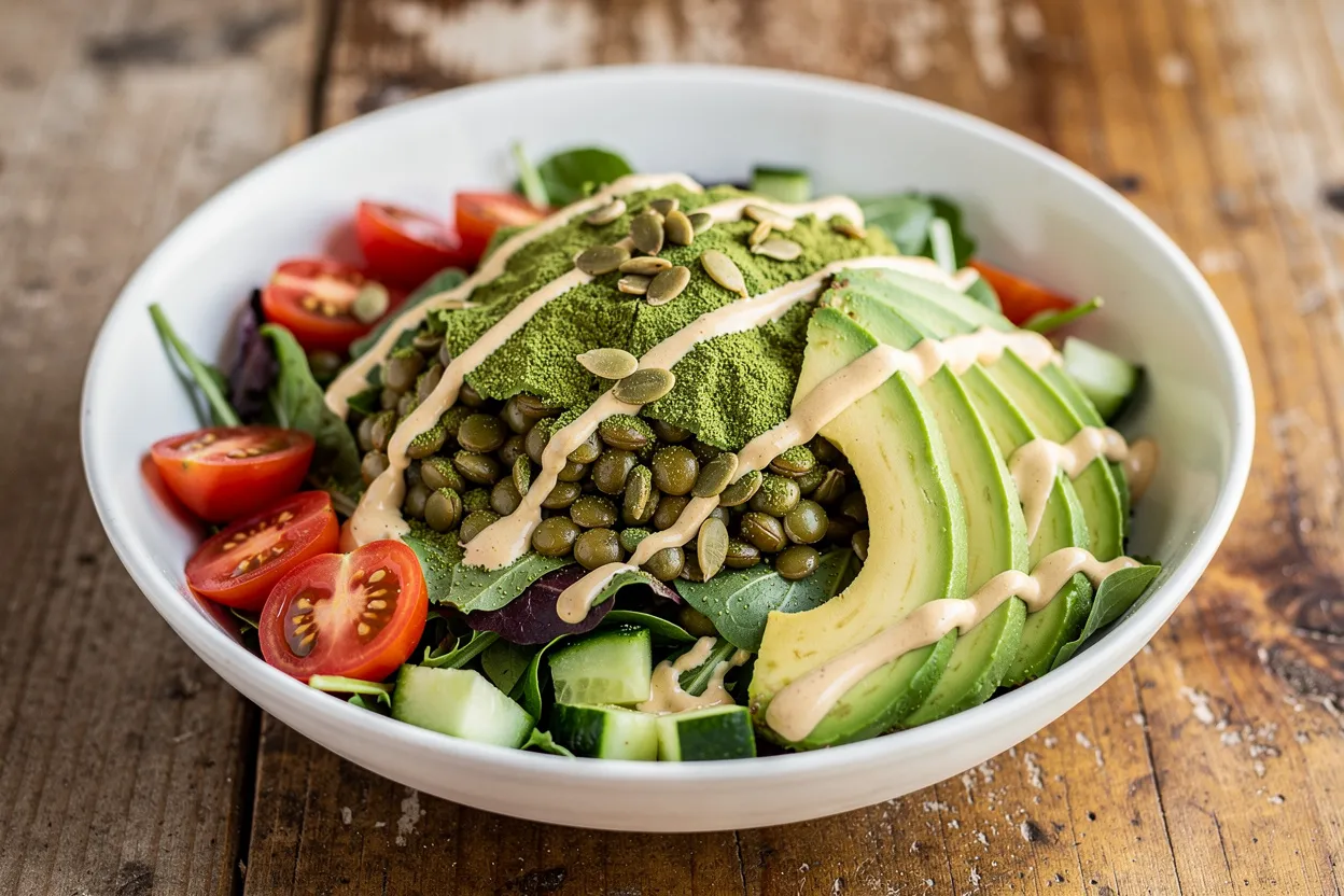 A bright, vibrant Moringa Lentil Salad with Citrus Tahini Dressing. Visible: cooked green lentils, a dusting of moringa powder, mixed salad greens, halved cherry tomatoes, diced cucumber, sliced avocado, toasted pepitas, and creamy tahini dressing drizzled on top. Style: Mediterranean-inspired, fresh and healthy. Presentation: served in a clean white bowl on a rustic wooden table with natural light and shallow depth of field, high-end food magazine quality. IMPORTANT: No text, no labels, no captions, no words on the image. Pure food photography only.
