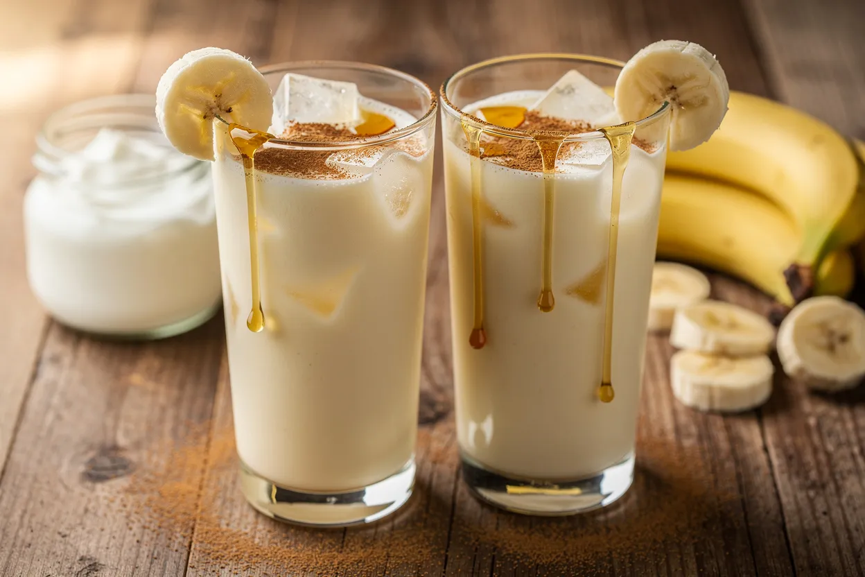 A close-up food photograph of Quick Creamy Banana Honey Shake with Greek Yogurt Classic. Two tall glasses filled with a silky pale-yellow banana shake, visible banana slices perched on the rim, a drizzle of honey and a light sprinkle of cinnamon on top, with a few ice cubes and a jar of Greek yogurt in the background. Style: American breakfast beverage, clean bright styling, natural soft light, shallow depth of field, rustic wooden table, garnished with a banana slice and honey drizzle. IMPORTANT: No text, no labels, no captions, no words on the image. Pure food photography only.