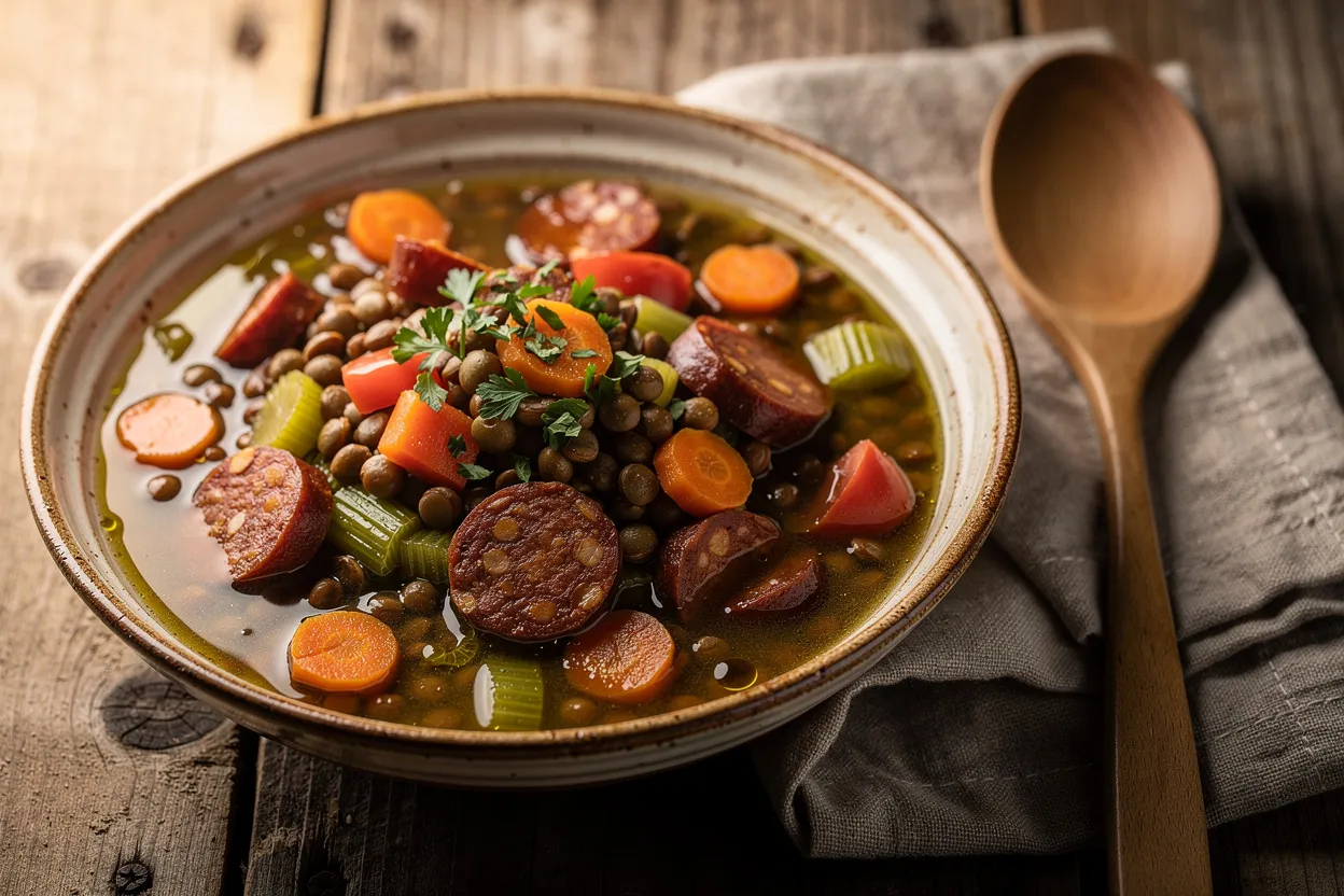 A rustic bowl of Lentejas (Spanish stewed lentils) with visible lentils, diced tomatoes, carrots, celery and slices of chorizo, garnished with chopped parsley and a drizzle of olive oil. Spanish, home-style stew, warm and comforting. Presented in a shallow rustic ceramic bowl on a wooden table with a linen napkin and a wooden spoon, soft natural lighting, shallow depth of field. IMPORTANT: No text, no labels, no captions, no words on the image. Pure food photography only.
