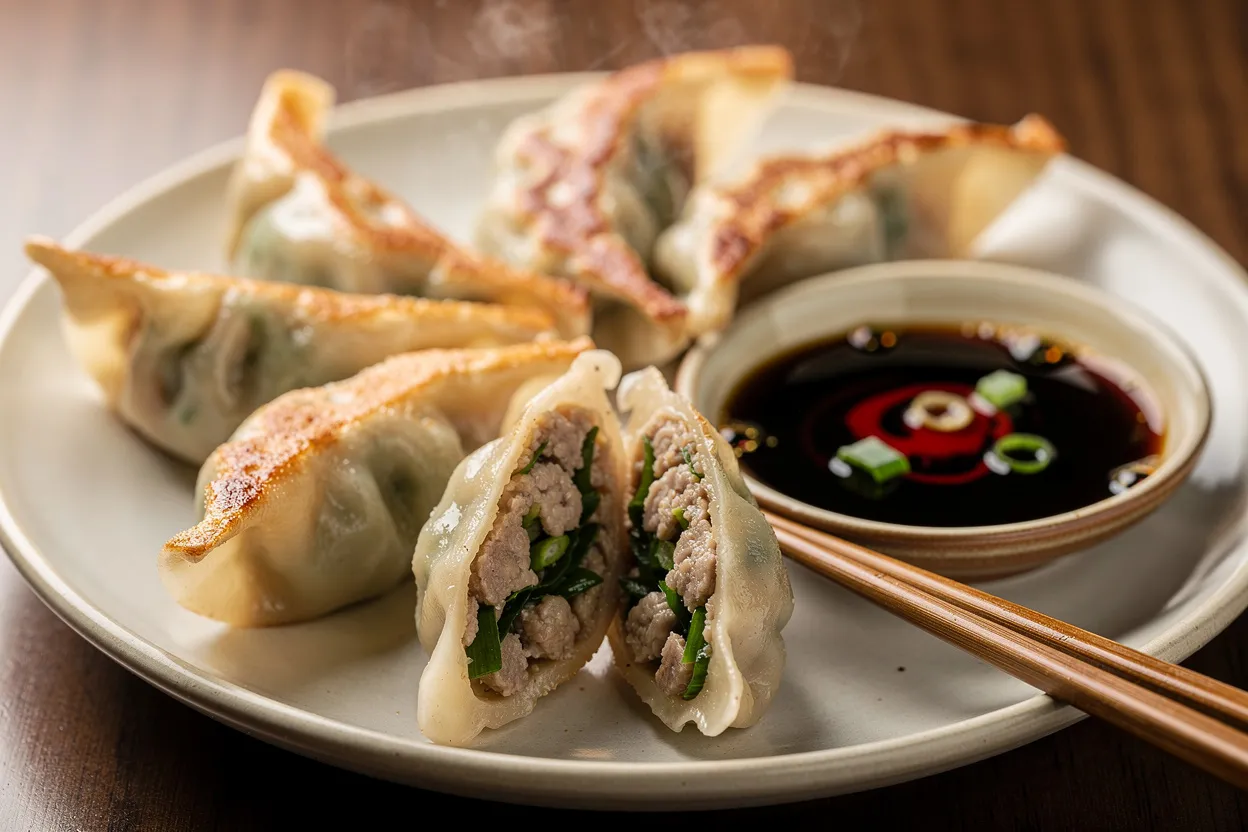 A close-up, restaurant-quality photo of Pan-Fried Chinese Pork and Chive Dumplings (Crispy Jiaozi). Golden, crispy bottoms visible, tender steamed tops, filling peeking from a halved dumpling showing ground pork and bright green chives. Small dipping bowl with soy-black vinegar sauce and a drizzle of chili oil visible, garnished with chopped scallion. Styled on a simple ceramic plate with chopsticks, Chinese cuisine, warm natural lighting, shallow depth of field, appetizing and authentic presentation. IMPORTANT: No text, no labels, no captions, no words on the image. Pure food photography only.