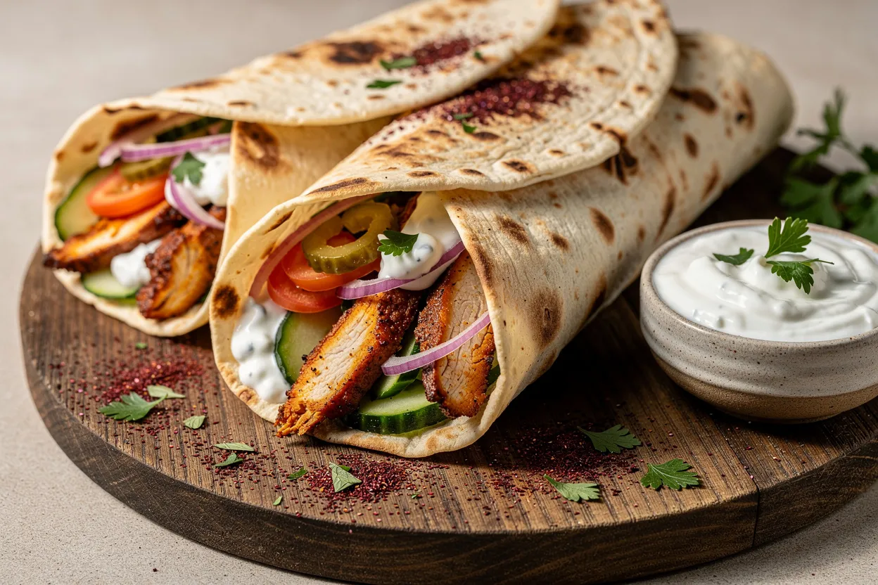 A bright, appetizing food photography shot of Chicken Shawarma Wraps with Garlic Yogurt Sauce. Warm flatbreads filled with sliced spiced chicken, creamy white garlic-yogurt sauce, thin cucumber and tomato slices, red onion, pickles, and fresh parsley. Mediterranean / Middle Eastern style, casual street-food presentation on a rustic wooden board with a small bowl of sauce and scattered sumac. Clean, well-lit, restaurant-quality presentation, shallow depth of field, natural light. IMPORTANT: No text, no labels, no captions, no words on the image. Pure food photography only.