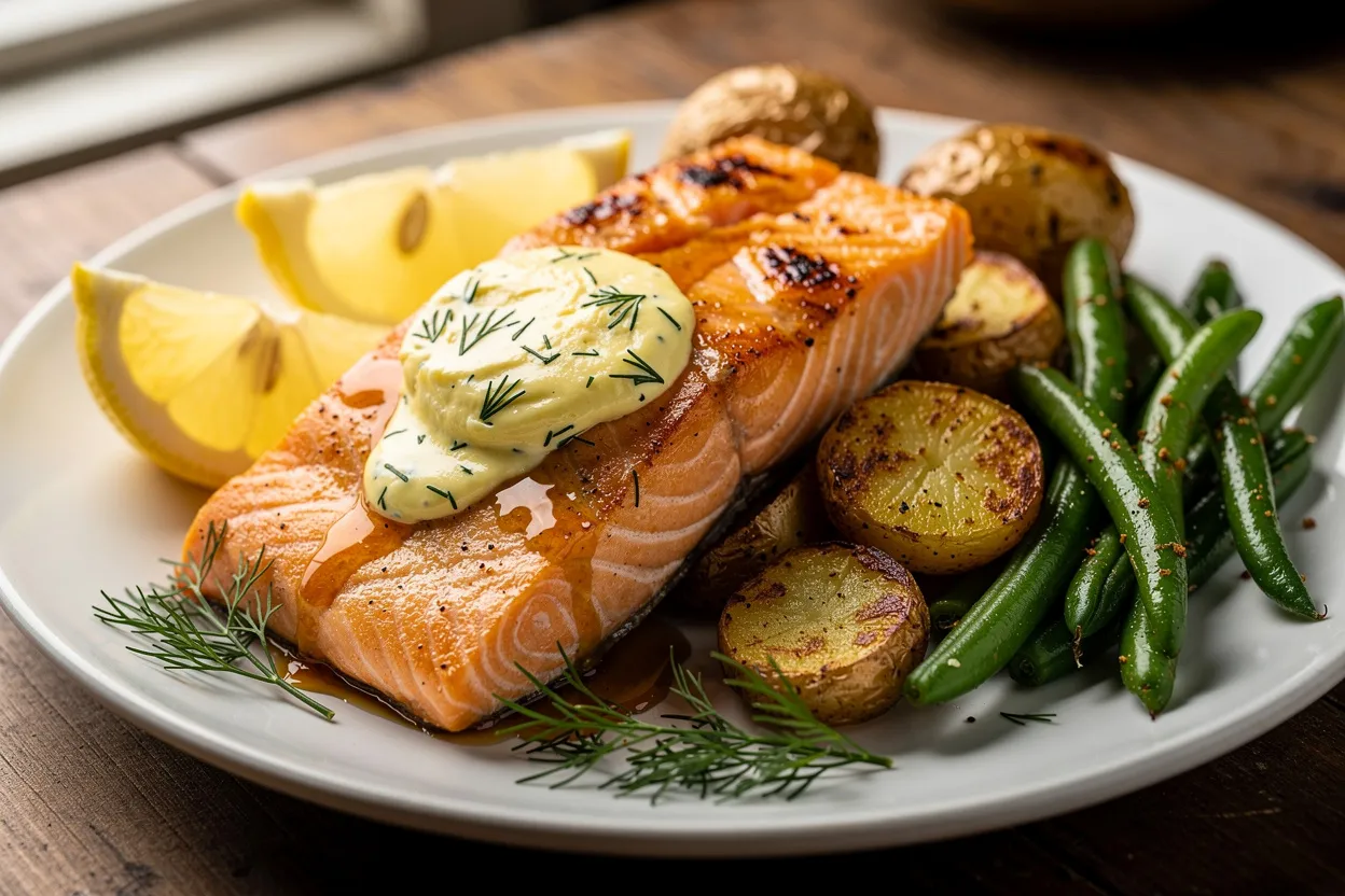 Maple-Glazed Atlantic Salmon with Lemon-Dill Butter plated on a white ceramic plate. Visible ingredients: golden maple glaze on salmon fillets, a pat of lemon-dill butter melting on top, fresh dill sprigs, lemon wedges, and roasted baby potatoes and green beans at the side. Cuisine style: Canadian-inspired seafood, warm and homey presentation. Presentation style: rustic, restaurant-quality plating with soft natural lighting, shallow depth of field, close-up showing glaze sheen and butter melting. IMPORTANT: No text, no labels, no captions, no words on the image. Pure food photography only.