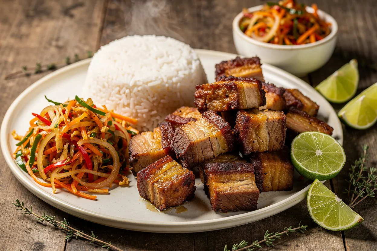 A professional, appetizing food photography shot of Crispy Haitian Griot: golden, crispy fried pork shoulder chunks piled beside a mound of white rice and bright pikliz (spicy pickled cabbage). Visible ingredients: citrus-marinated pork, lime wedges, scotch bonnet pepper, fresh thyme sprigs, and a small bowl of pikliz. Style: Haitian/Caribbean, festive celebration dish, rustic yet refined plating on a simple ceramic plate, vibrant colors, high-end food magazine quality, soft natural lighting, shallow depth of field. IMPORTANT: No text, no labels, no captions, no words on the image. Pure food photography only.