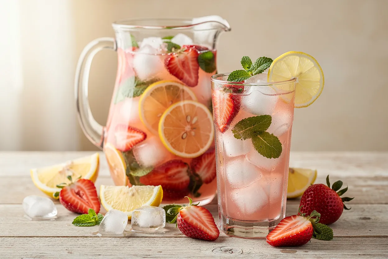 A bright, professional food photo of Fresh Strawberry Lemonade in a glass pitcher and a tall ice-filled glass. Visible ingredients: sliced strawberries, lemon slices, torn mint leaves, and ice cubes. Style: clean summer beverage photography, light and airy, vibrant reds and yellows, fresh herbs visible, served on a wooden table with soft natural lighting and shallow depth of field. Cuisine style: American summer refreshment. Presentation: pitcher with glasses, garnish of lemon wheel and mint sprig. IMPORTANT: No text, no labels, no captions, no words on the image. Pure food photography only.