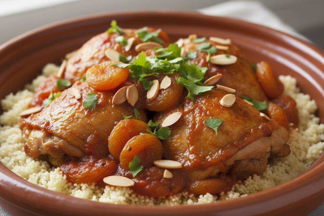 A warm, restaurant-quality food photograph of Slow-Braised Moroccan Chicken with Apricots & Almonds. Visible: golden-brown braised chicken thighs nestled in a glossy spiced tomato-apricot sauce, studded with chopped dried apricots and toasted slivered almonds, finished with fresh cilantro and parsley over a bed of fluffy couscous. Cuisine style: Moroccan / North African, rustic tagine-inspired presentation in an earthenware or shallow serving dish. Style: inviting, home-cooked yet elegant, soft natural lighting, shallow depth of field, main ingredients clearly visible. IMPORTANT: No text, no labels, no captions, no words on the image. Pure food photography only.