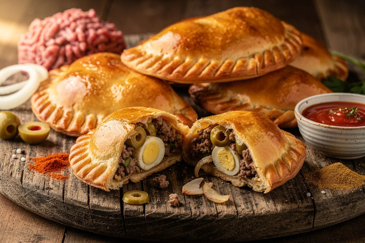 A professional, appetizing food photography shot of Argentine Beef Empanadas with Classic Carne Filling. Golden baked empanadas on a rustic wooden board, one empanada torn open to show the spiced ground beef, chopped hard-boiled egg, and green olive pieces inside. Visible ingredients: ground beef, onion, chopped olives, sliced hard-boiled egg, paprika, cumin. Style: Argentine cuisine, rustic comfort food, warm natural lighting, shallow depth of field, restaurant-quality presentation with a small bowl of chimichurri or hot sauce on the side. IMPORTANT: No text, no labels, no captions, no words on the image. Pure food photography only.