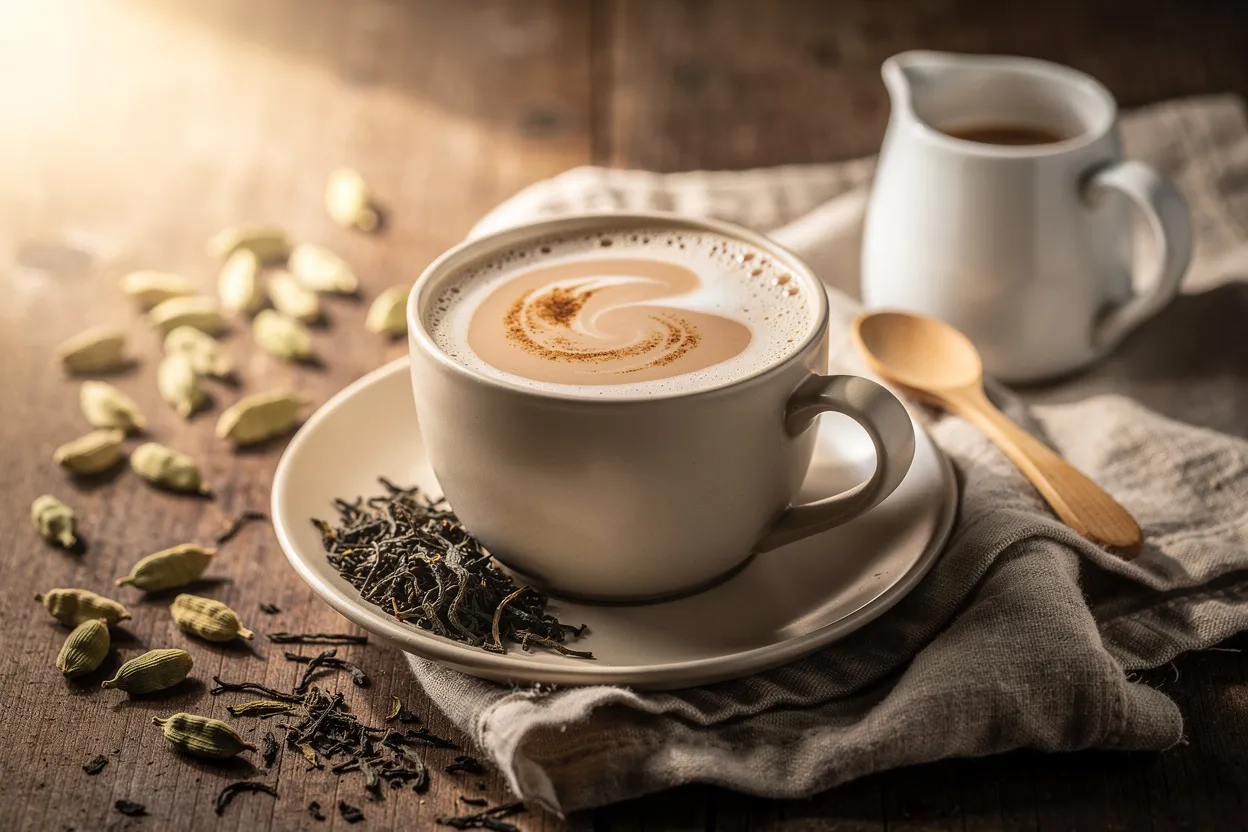 A warm cup of Classic Ceylon Milk Tea in a ceramic cup with visible frothy milk, whole cardamom pods and loose Ceylon tea leaves scattered on the table, a small milk jug nearby, wooden spoon and linen napkin. Sri Lankan-inspired tea beverage, rustic cozy presentation, natural soft lighting, shallow depth of field, inviting morning scene. IMPORTANT: No text, no labels, no captions, no words on the image. Pure food photography only.