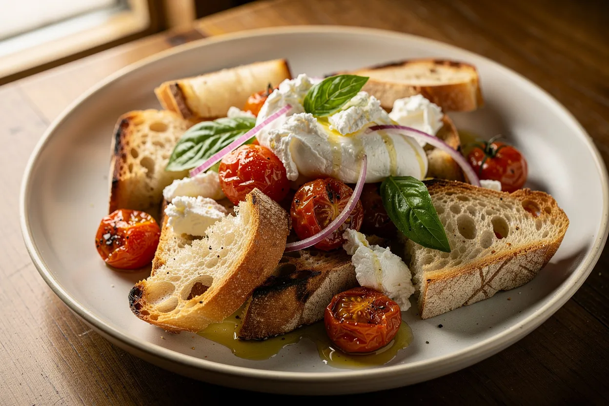 A professional, appetizing food photography shot of Rustic French Baguette Panzanella with Burrata & Tomatoes. Visible ingredients: torn pieces of French baguette (французский батон), roasted cherry tomatoes, creamy burrata, fresh basil leaves, sliced red onion, and glossy olive oil. Cuisine style: Italian-inspired, rustic summer salad. Presentation style: served in a shallow ceramic bowl with a drizzle of olive oil and scattered basil, warm tones, natural light, shallow depth of field, restaurant-quality styling with visible texture on bread and cheese. IMPORTANT: No text, no labels, no captions, no words on the image. Pure food photography only.