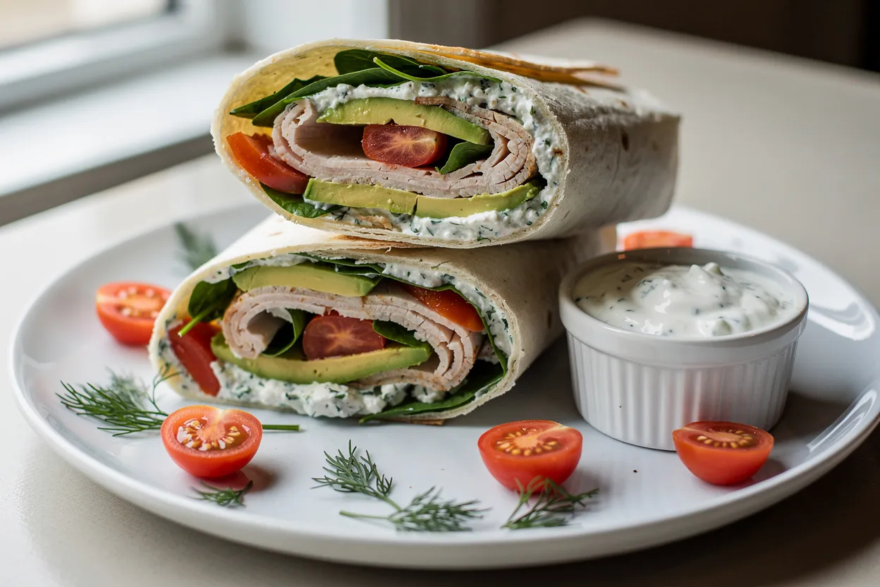 A bright, appetizing food photography shot of a Turkey & Avocado Wrap cut in half, showing sliced roasted turkey, creamy avocado, baby spinach, cherry tomatoes, and a herbed yogurt spread. Style: modern American lunch, casual and fresh. Presentation: two halves stacked on a simple white plate with a small ramekin of extra herbed yogurt, scattered dill and halved cherry tomatoes as garnish. Clean, natural lighting, shallow depth of field, restaurant-quality food magazine style. IMPORTANT: No text, no labels, no captions, no words on the image. Pure food photography only.