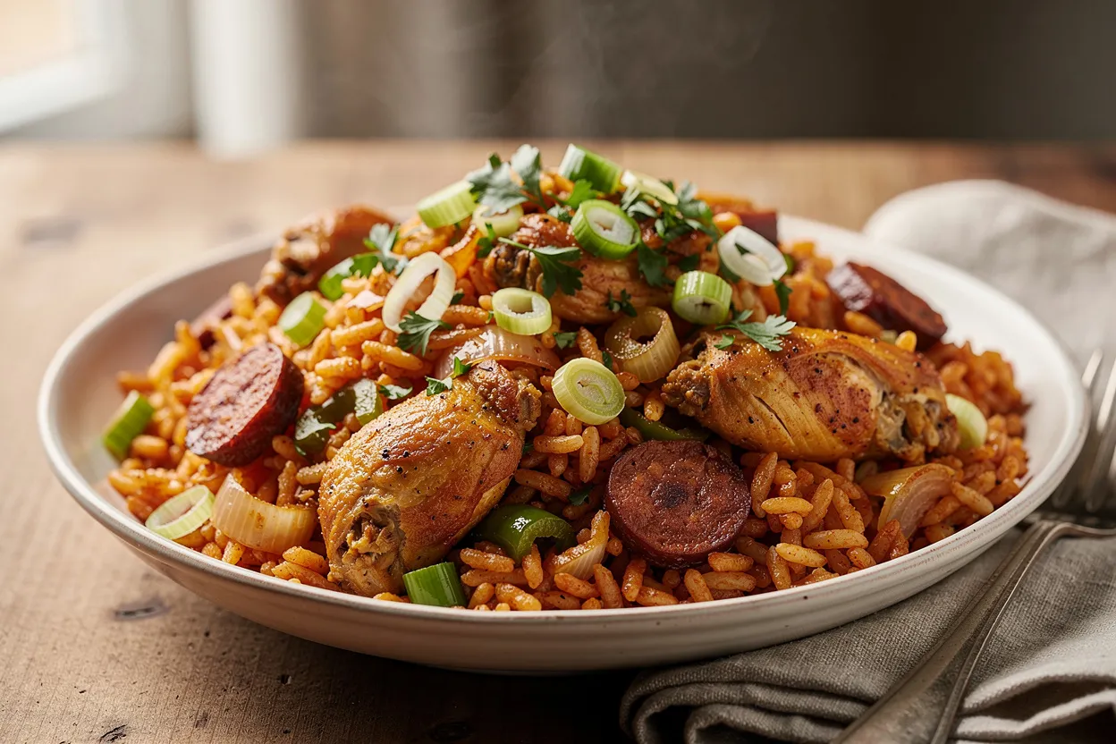 A warm, rustic plate of Authentic Cajun Chicken and Sausage Jambalaya: tender browned chicken pieces, sliced Andouille sausage, fluffy seasoned rice, diced green bell pepper, celery, and chopped parsley on top. Louisiana Cajun cuisine style, served in a shallow ceramic bowl on a wooden table with a linen napkin. Visible ingredients: chicken, sausage, rice, trinity vegetables (onion, bell pepper, celery), parsley, green onions. Style: homestyle, restaurant-quality food photography with natural soft lighting and shallow depth of field. IMPORTANT: No text, no labels, no captions, no words on the image. Pure food photography only.