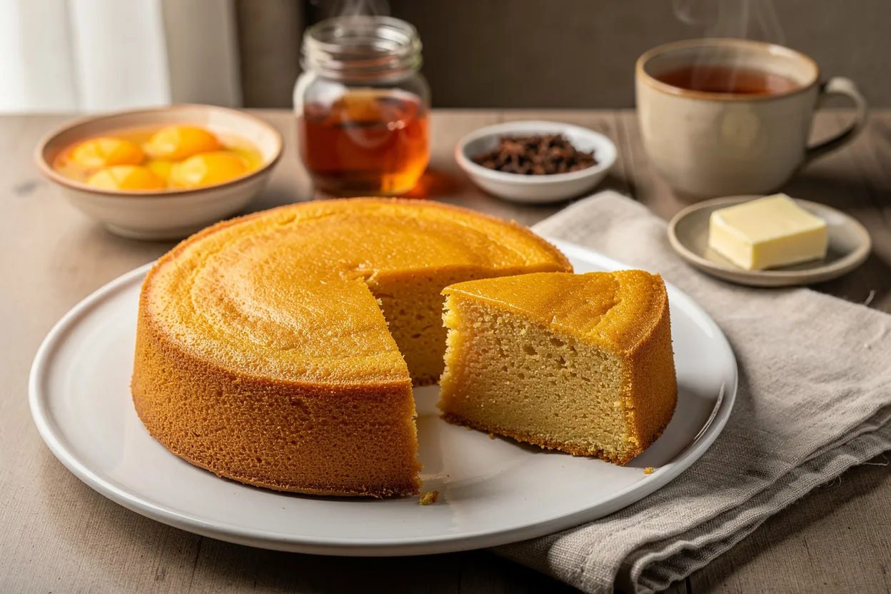 A professional, appetizing food photography shot of Peruvian Torta de Yema (golden egg-yolk cake). The cake is sliced to reveal a dense, golden crumb; visible ingredients include a bowl of egg yolks, a small dish of anise seeds, a jar of syrup, and a pat of butter in the background. Style: traditional Peruvian dessert, rustic yet elegant presentation on a simple white ceramic plate with a linen napkin and a cup of tea nearby. Soft natural lighting, shallow depth of field, warm tones, restaurant-quality composition. IMPORTANT: No text, no labels, no captions, no words on the image. Pure food photography only.