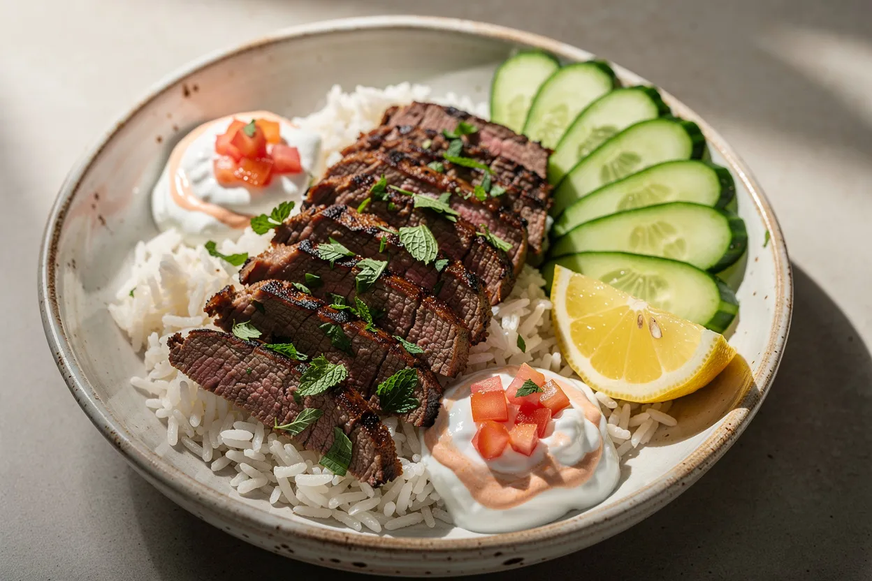 A vibrant Spiced Beef Kebab Rice Bowl with sliced grilled beef kebabs atop fluffy basmati rice, dollops of yogurt-tomato salsa, chopped parsley and mint, lemon wedge and sliced cucumber on the side. Middle Eastern-inspired bowl presentation in a rustic ceramic bowl, clean and modern styling. Main ingredients visible: grilled beef strips, basmati rice, yogurt sauce, diced tomatoes, fresh herbs, lemon. High-end food magazine quality, soft natural lighting, shallow depth of field, restaurant-style plating. IMPORTANT: No text, no labels, no captions, no words on the image. Pure food photography only.