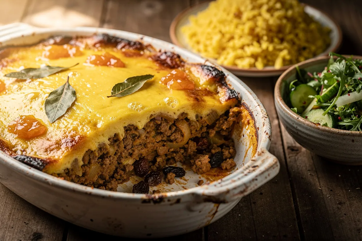 A warm, appetizing food photography shot of South African Bobotie: a golden-baked minced meat casserole topped with a silky yellow egg custard and bay leaves. Visible ingredients: spiced ground beef, apricot chutney/jam glaze, raisins/sultanas, and a bright custard topping; served in a shallow ceramic baking dish with a side of yellow rice and a green salad. Cuisine style: South African, homey comfort food. Presentation style: rustic, restaurant-quality, soft natural lighting, shallow depth of field, close-up showing custard texture and browned edges. IMPORTANT: No text, no labels, no captions, no words on the image. Pure food photography only.
