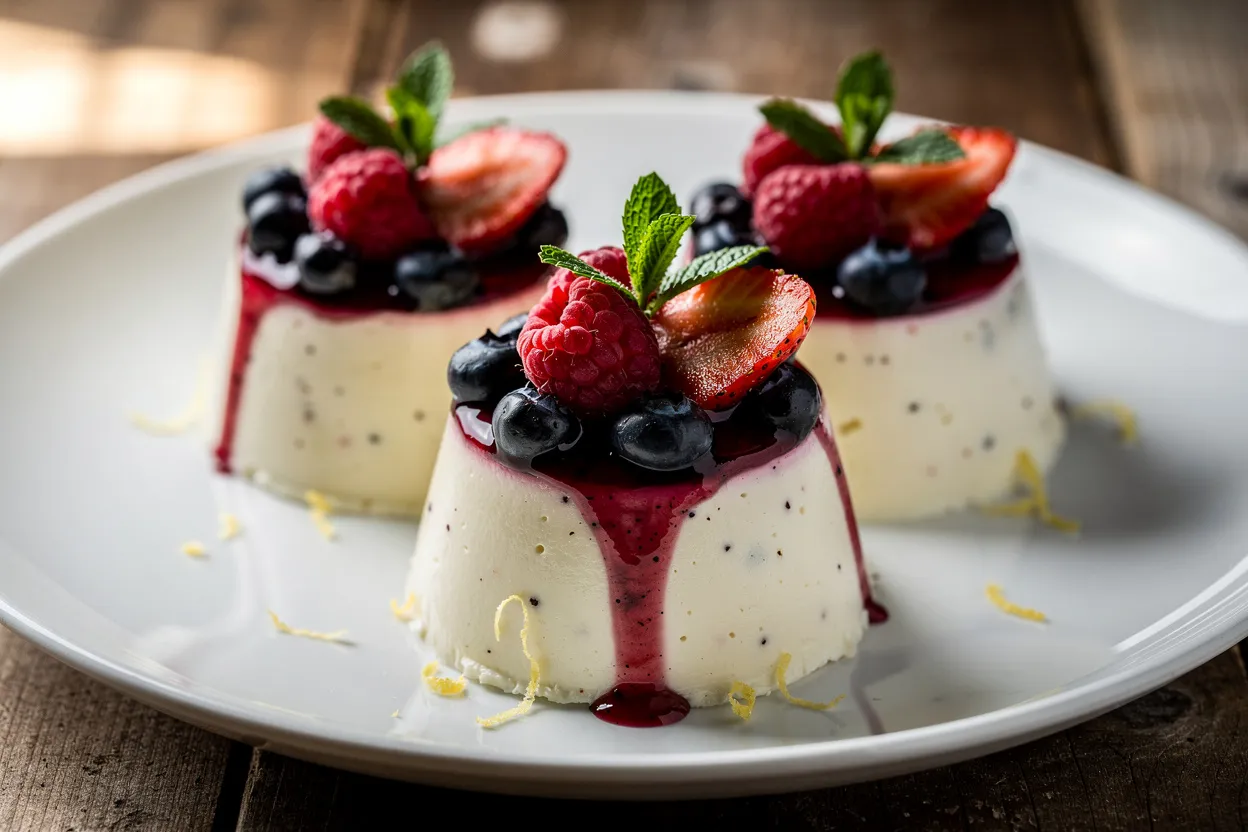 Vanilla Lemon Panna Cotta with Berry Compote: four individual panna cotta cups with glossy sugar-free mixed berry compote on top, visible lemon zest and a sprig of mint. Italian dessert style, clean modern plating on a white ceramic plate, rustic wooden table, soft natural lighting, shallow depth of field, close-up detail showing silky texture of panna cotta and vibrant berries. IMPORTANT: No text, no labels, no captions, no words on the image. Pure food photography only.