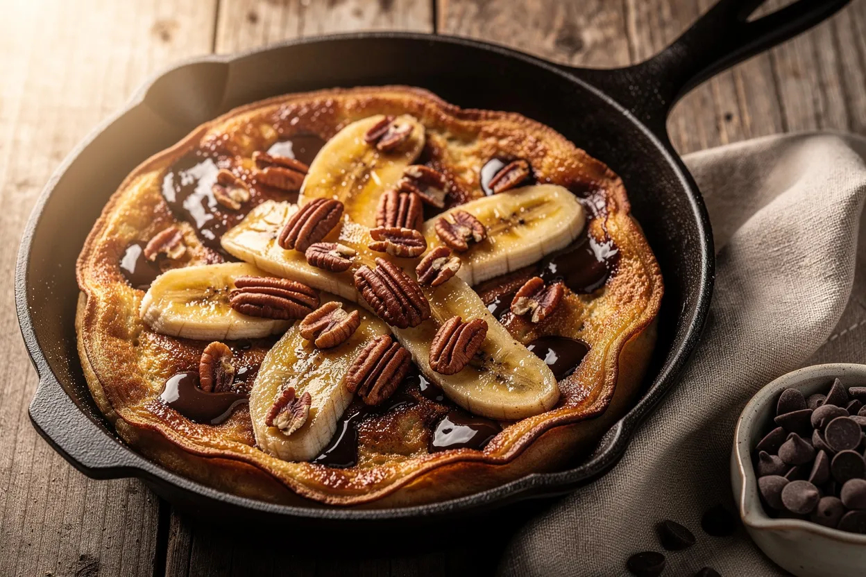 A rustic, appetizing photo of Skillet Chocolate Banana Pancake with Toasted Nuts. Visible main ingredients: sliced bananas, melted chocolate chips, toasted pecans, and a golden, slightly puffed skillet pancake. American brunch style, warm natural lighting, served in a cast-iron skillet on a wooden table with a linen napkin and a small bowl of extra chocolate chips nearby. Close-up, shallow depth of field, restaurant-quality food photography. IMPORTANT: No text, no labels, no captions, no words on the image. Pure food photography only.