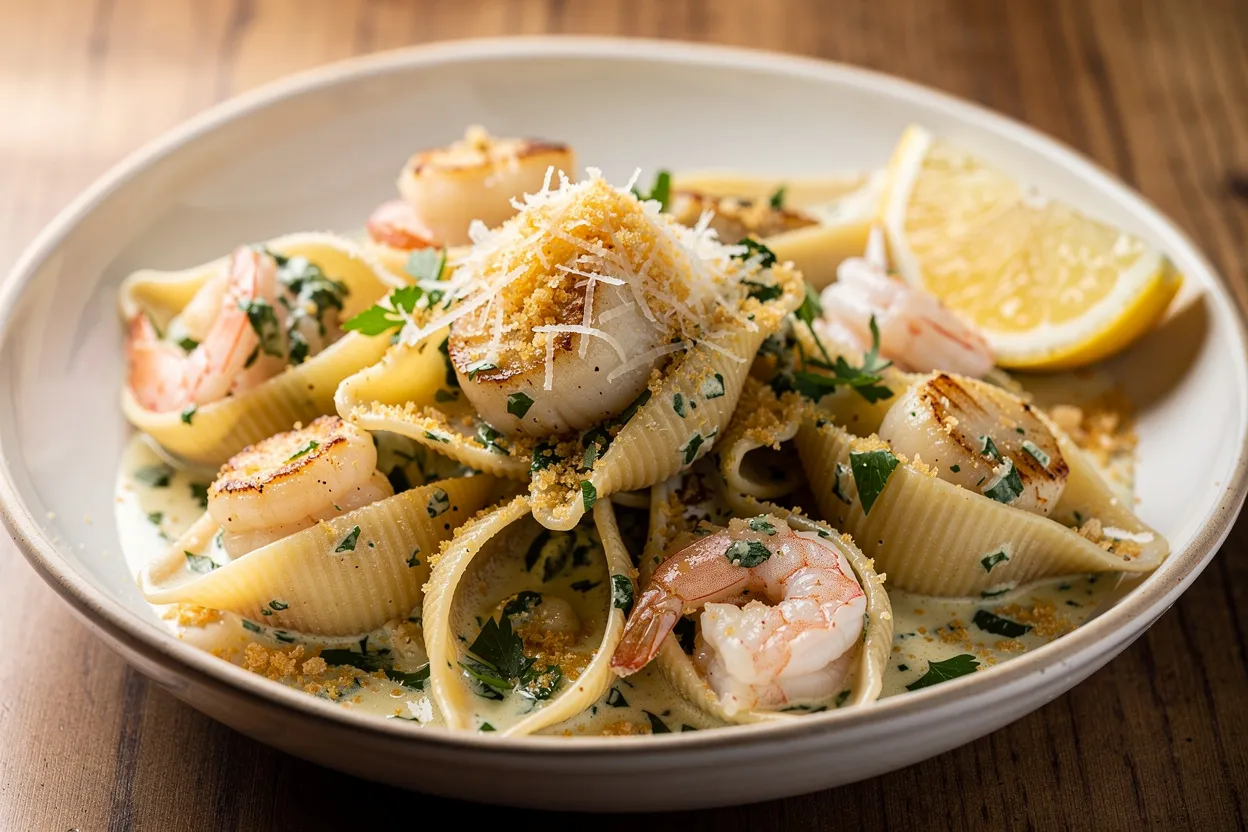 A professional, appetizing food photography shot of Creamy Seafood Pasta Shells with Lemon and Herbs and Garlic. Large pasta shells filled and tossed with shrimp and scallops in a lemony cream-herb sauce, visible grated Parmesan, chopped parsley, toasted panko crumbs, and a lemon wedge on the side. Style: Italian/Mediterranean, elegant rustic plating in a shallow white bowl on a wooden table, clean and well-lit, restaurant-quality presentation with shallow depth of field. IMPORTANT: No text, no labels, no captions, no words on the image. Pure food photography only.