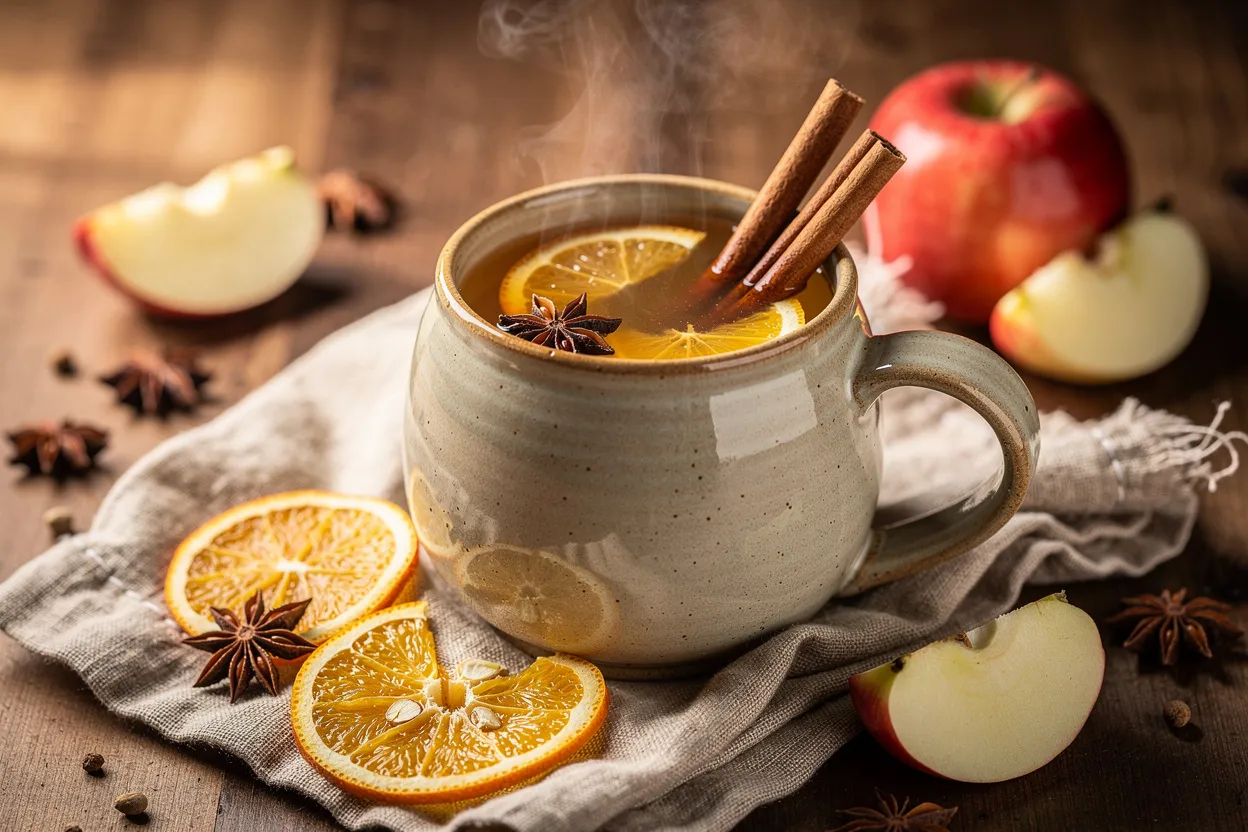 Warming Spiced Apple Cider (Согревающий Сидр) in a rustic mug, visible ingredients: apple cider, cinnamon sticks, orange slices, star anise, and apple garnish. Cozy autumn/winter beverage styled on a wooden table with a linen napkin, steam rising, warm natural light, shallow depth of field, restaurant-quality food photography. Cuisine: comforting seasonal beverage, presentation in a ceramic mug with a cinnamon stick and orange wheel garnish. IMPORTANT: No text, no labels, no captions, no words on the image. Pure food photography only.