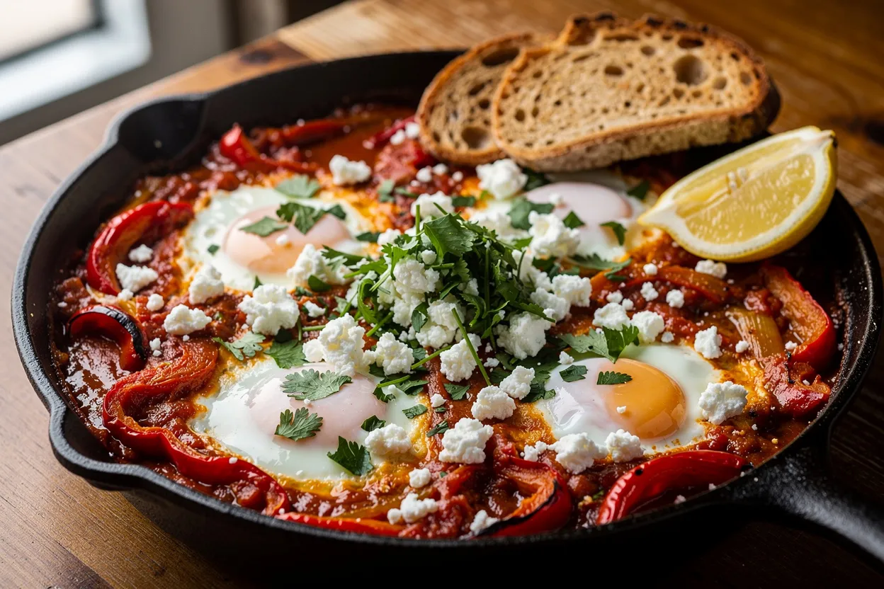 A professional, appetizing food photography shot of Spicy North African Shakshouka with Roasted Peppers. Visible: eggs poached in chunky tomato and roasted red pepper sauce, scattered crumbled feta, chopped parsley and cilantro, lemon wedge and crusty bread at the side. Served in a rustic cast-iron skillet, North African/Med-style presentation, vibrant reds and greens, cozy brunch setting, shallow depth of field, soft natural light, restaurant-quality plating. IMPORTANT: No text, no labels, no captions, no words on the image. Pure food photography only.