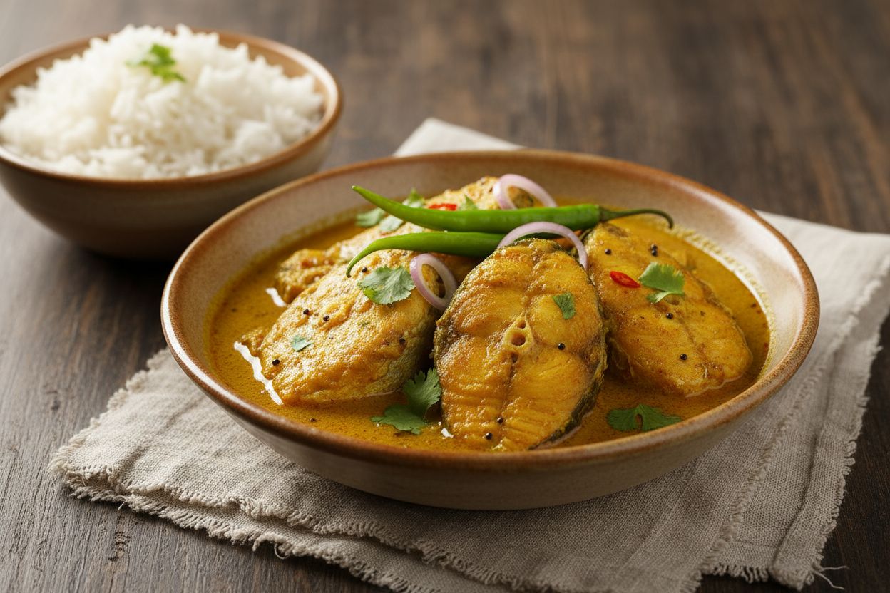 Bengali Mustard Fish Curry served in a shallow bowl, visible pieces of cooked fish in a vibrant yellow mustard-turmeric gravy, green chilies, sliced onion, and fresh cilantro garnish. Cuisine style: Bangladeshi/Bengali. Presentation: rustic ceramic bowl on a wooden table with a linen napkin and a small bowl of steamed rice beside it, warm natural lighting, shallow depth of field, appetizing close-up. IMPORTANT: No text, no labels, no captions, no words on the image. Pure food photography only.