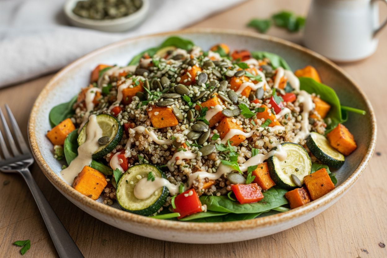 A bright, appetizing food photography shot of Quinoa & Lentil Power Salad with Roasted Veggies and Spinach. Visible ingredients: cooked quinoa, green lentils, roasted sweet potato cubes, diced red bell pepper, zucchini, baby spinach, pumpkin seeds, hemp seeds, chopped parsley, and a tahini-lemon dressing. Style: fresh Mediterranean-inspired lunch bowl, colorful and nutritious, plated in a shallow ceramic bowl with a fork at the side. Presentation: clean, well-lit, restaurant-quality, shallow depth of field highlighting texture and seeds. IMPORTANT: No text, no labels, no captions, no words on the image. Pure food photography only.