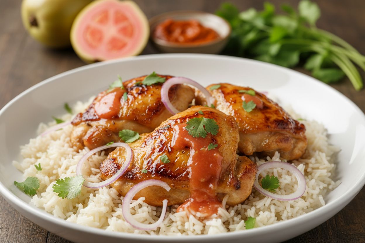 A professional, appetizing food photography shot of Seared Chicken with Peruvian Guava and Aji Amarillo Glaze. Golden seared chicken thighs glazed in a glossy pink-orange guava and aji amarillo sauce, garnished with fresh cilantro and thinly sliced red onion, plated over steamed jasmine rice. Main ingredients visible: chicken, fresh guava, aji amarillo glaze, cilantro, red onion, rice. Cuisine style: Peruvian, vibrant, rustic. Presentation: restaurant-quality single-plate serving on a shallow white bowl with soft natural lighting and shallow depth of field. IMPORTANT: No text, no labels, no captions, no words on the image. Pure food photography only.