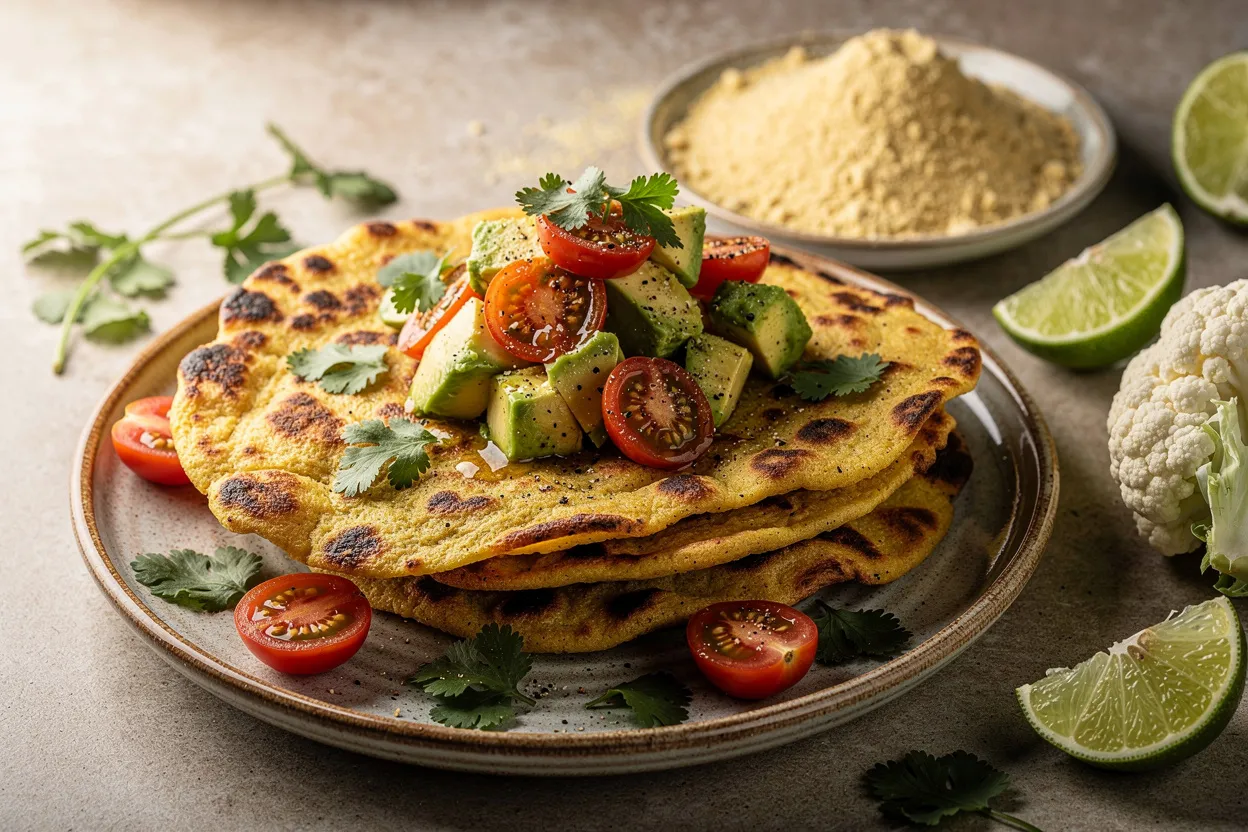 A professional, appetizing food photography shot of Cauliflower & Masa Harina Low-Carb Flatbreads with Avocado-Tomato Salsa. Golden, slightly charred flatbreads layered with chunky avocado-tomato salsa and sprinkled cilantro. Main visible ingredients: cauliflower, masa harina (corn flour), avocado, cherry tomatoes, cilantro, lime. Mexican-inspired, vibrant colors, rustic ceramic plate or wooden board, fresh herbs scattered, soft natural lighting, shallow depth of field, restaurant-quality styling. IMPORTANT: No text, no labels, no captions, no words on the image. Pure food photography only.