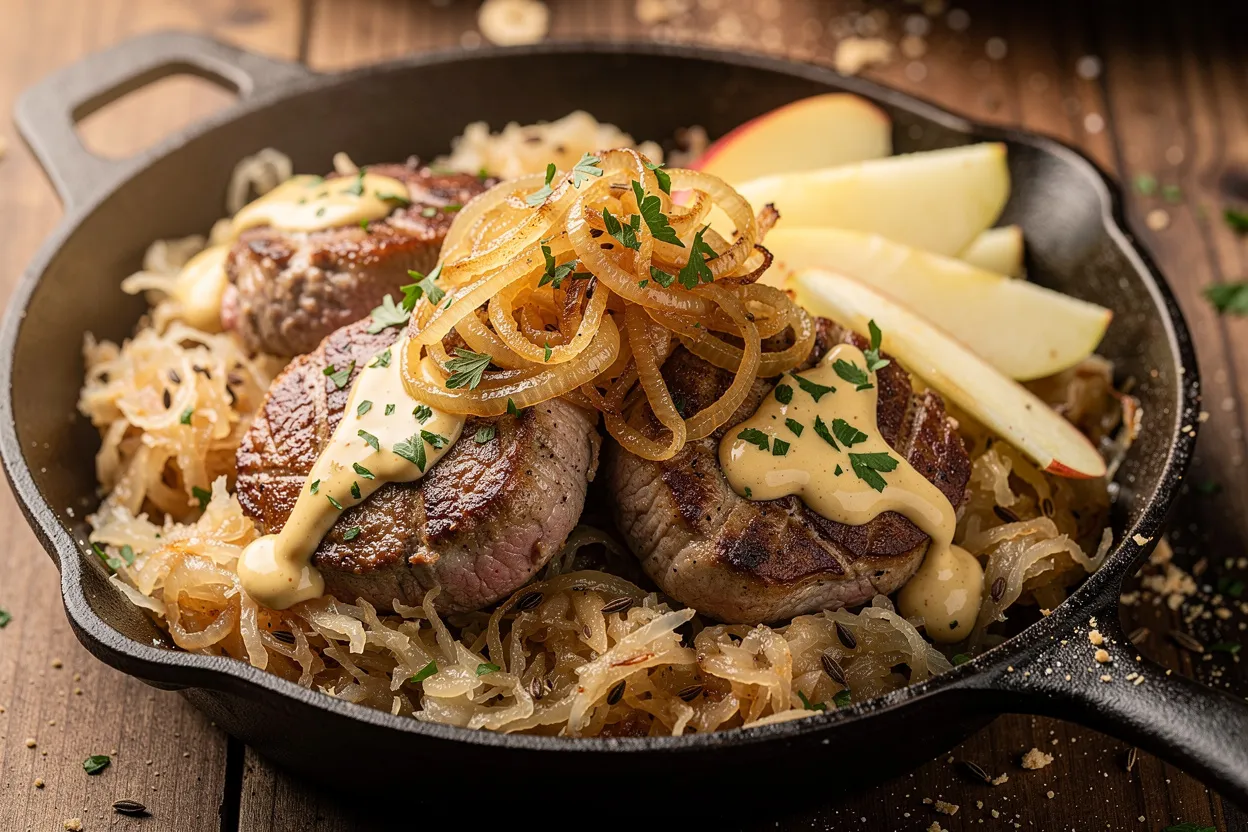 A rustic German skillet of pan-seared pork medallions nestled on warm sauerkraut with caramelized onions and thin apple slices, finished with a drizzle of mustard-yogurt cream and chopped parsley; visible ingredients: pork medallions, sauerkraut, onions, apple, mustard sauce, caraway seeds; style: German comfort food, warm rustic plating in a cast-iron skillet with natural light, close-up, shallow depth of field. IMPORTANT: No text, no labels, no captions, no words on the image. Pure food photography only.