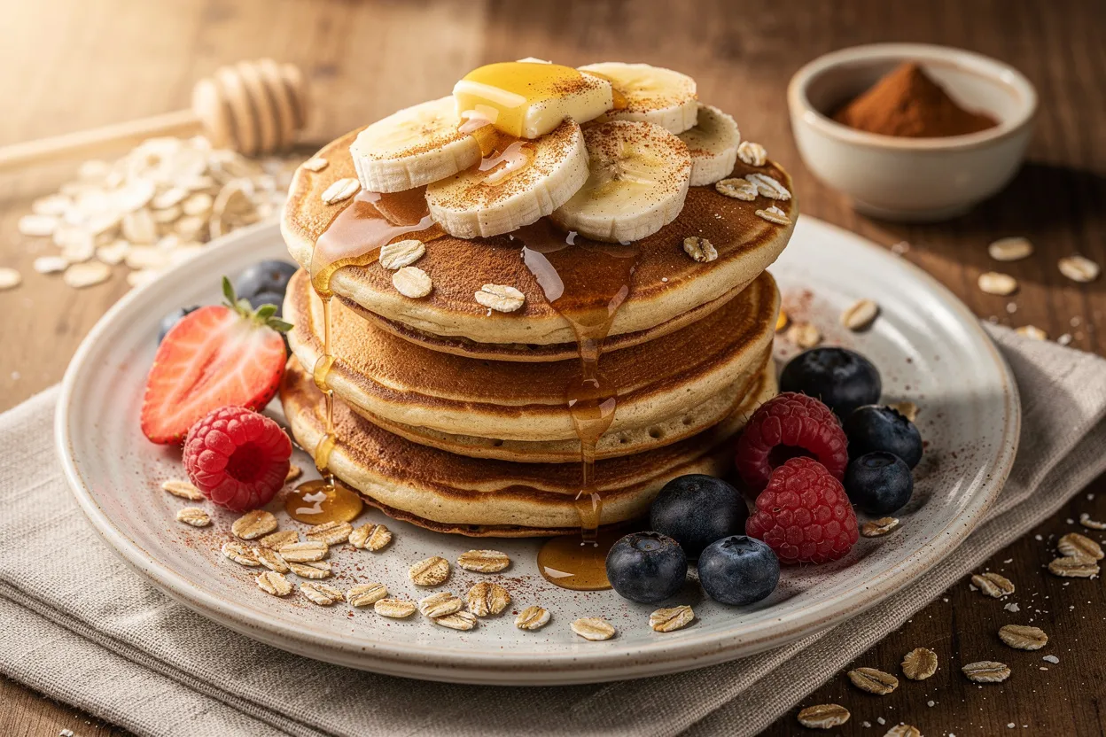 A bright, appetizing food photography shot of Fluffy Banana Oat Pancakes with Honey and Cinnamon. Stack of golden pancakes topped with sliced banana, a drizzle of honey (or maple syrup), a sprinkle of oats and cinnamon, with a pat of melting butter and fresh berries on the side. Main visible ingredients: bananas, rolled oats, honey/maple syrup, cinnamon. Style: modern American breakfast, cozy and rustic presentation on a ceramic plate, natural soft lighting, shallow depth of field, restaurant-quality food styling. IMPORTANT: No text, no labels, no captions, no words on the image. Pure food photography only.